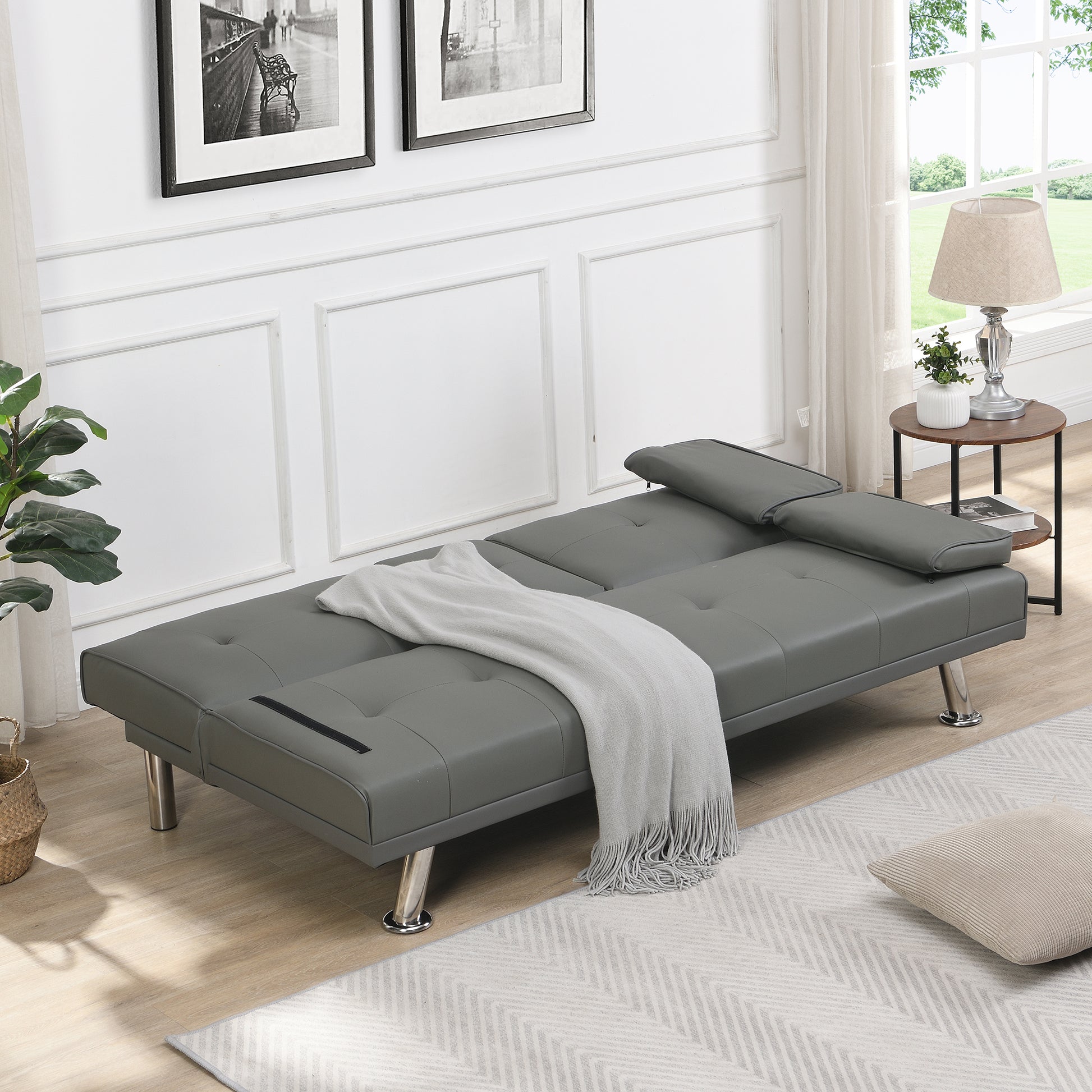 Sofa Bed With Armrest Two Holders Wood Frame, Stainless Leg, Futon Grey Pvc Grey Leather 2 Seat