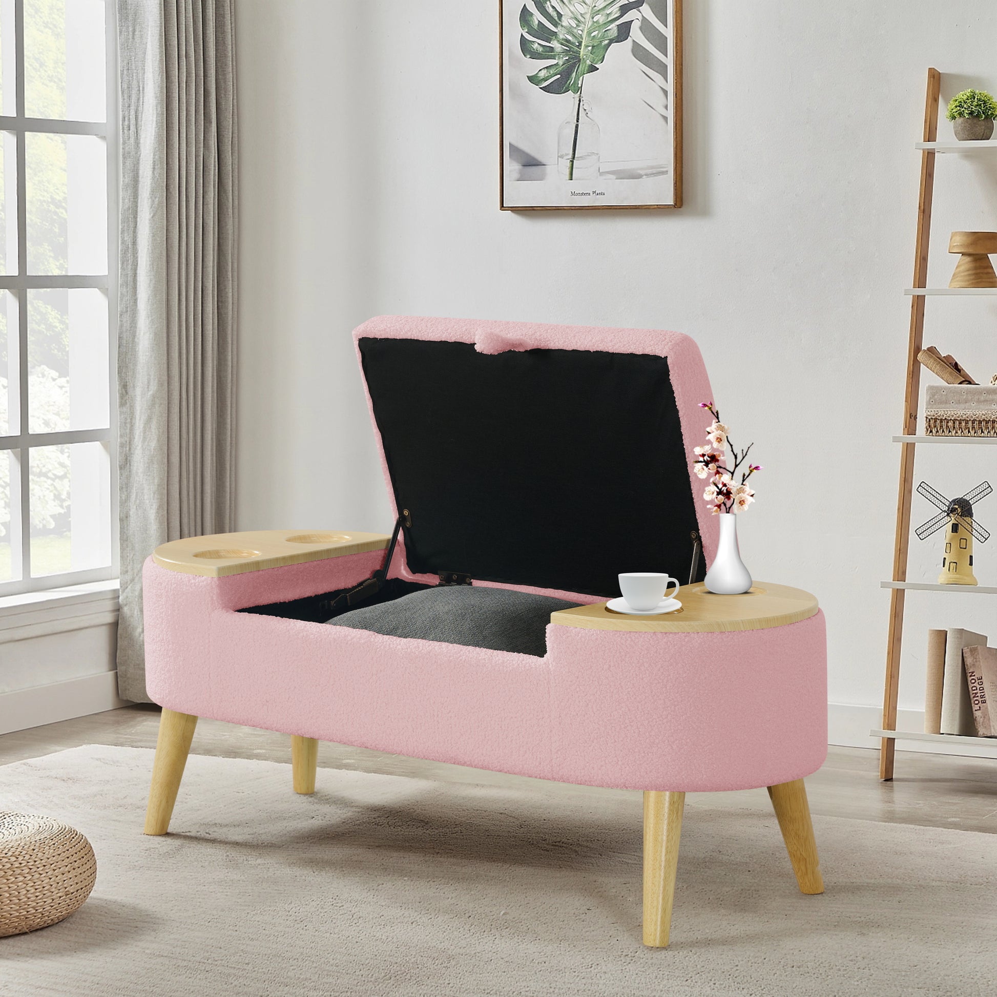 Ottoman Oval Storage Bench 3D Pile Fabric Bench With Large Storage Space For Living Room, Entryway And Bedroom Inpink Baskets White Primary Living Space Black Eucalyptus Wood Pink Step Stools & Step Ladders Cashmere Floral Contemporary Cubby Wool Fleece