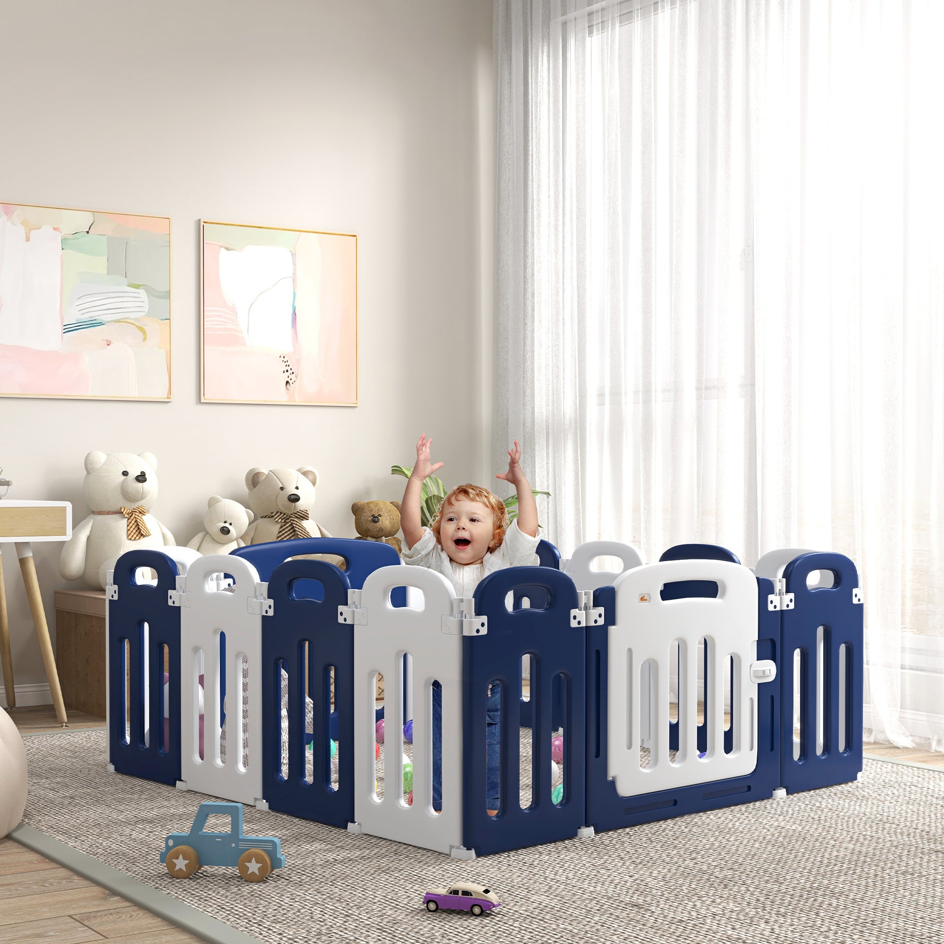 Qaba Baby Playpen, 18 Panels Sturdy Safety Play Yard For Babies And Toddlers, 85" X 57" Foldable Baby Playard, Indoor Outdoor Kids Activity Center With Anti Slip Base Blue Plastic