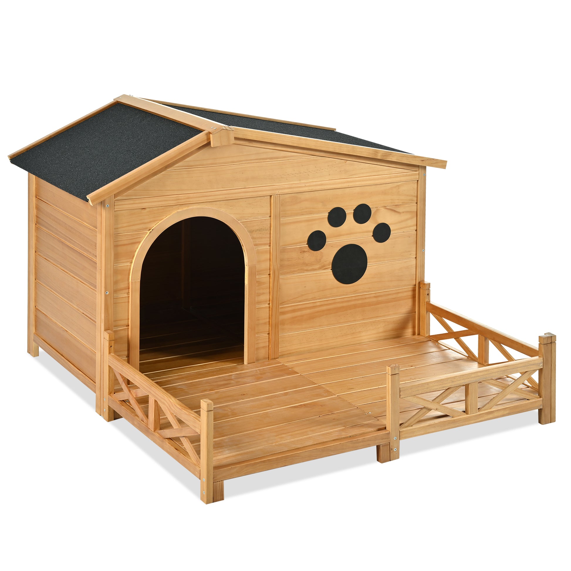 48" Wooden Dog House Outdoor With Porch, Dog Kennel With Water Resistant Asphalt Roof And Fencing,Indoor & Outdoor Dog Crate With Paw Print, Medium, Nature Natural Outdoor Kennel Medium 26 40 Lbs