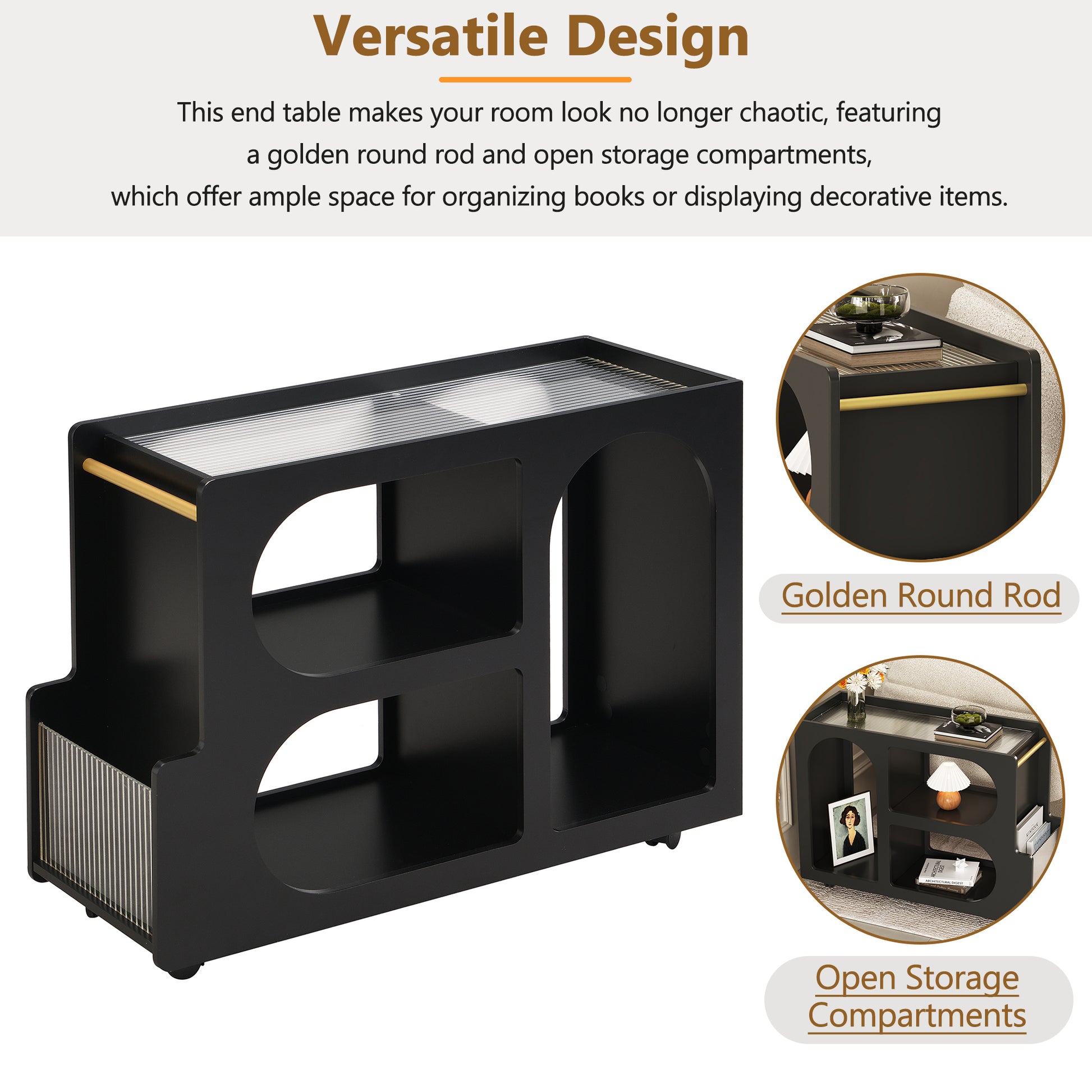 Mobile End Table With Lockable Wheels, Narrow Coffee Table With 5Mm Thick Fluted Tempered Glass, Modern Nightstand With Golden Round Rod, Living Room, Black, 31.5''W X11.8''D X 23.1''H Black Primary Living Space Mdf