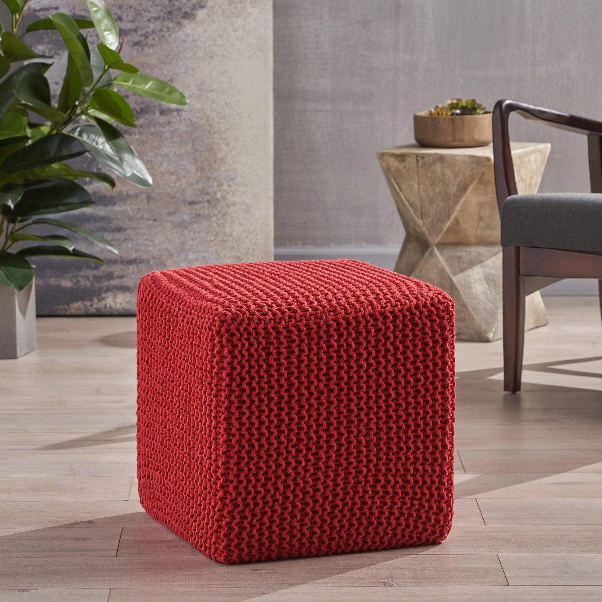 Knitted Foot Stool Red Cotton