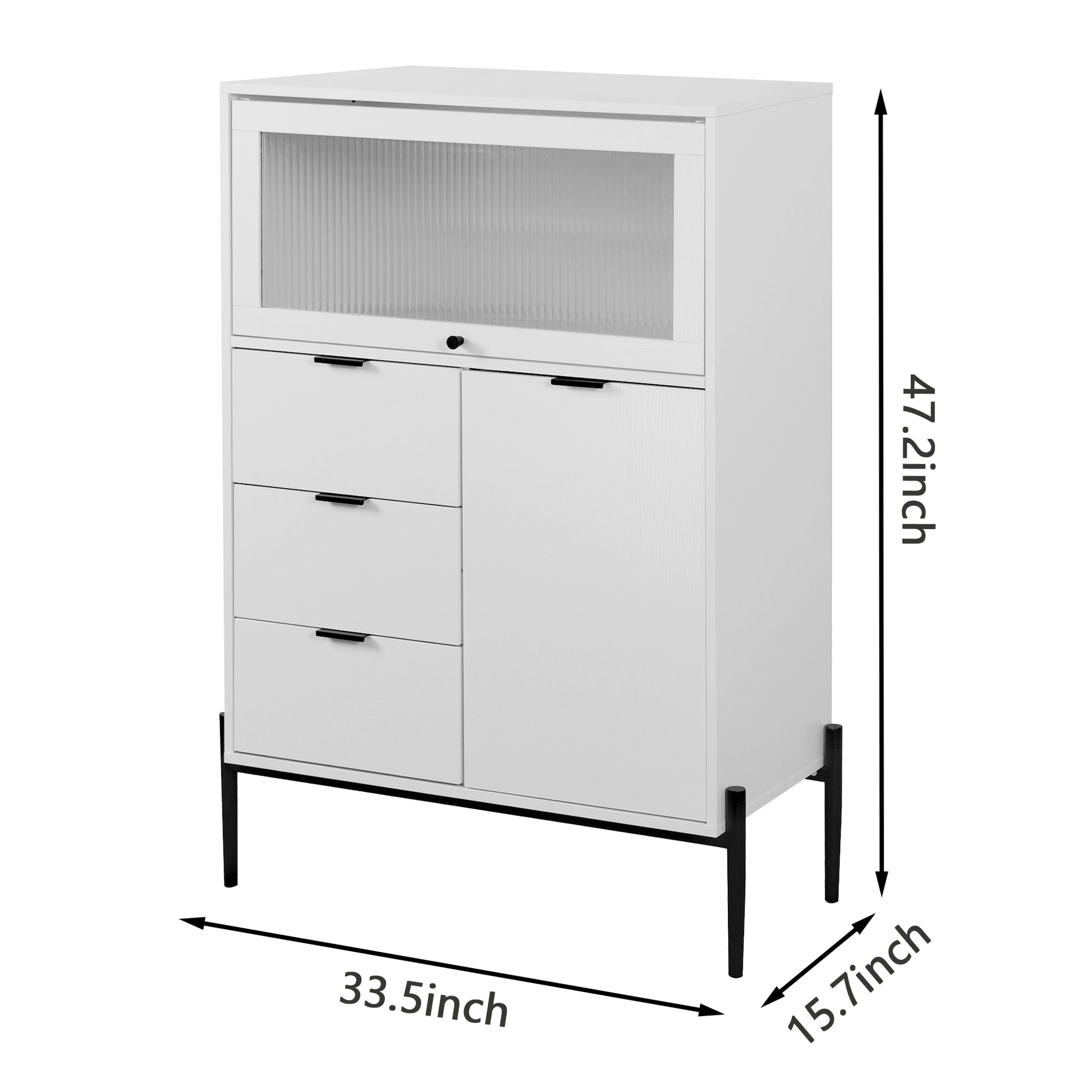 Sideboard With 3 Drawers ,1 Door And 1 Glass Door Wood Cabinet With Storage For Kitchen, Dining Room, Hallway 33.46" X 15.74" X 47.2" 5 Or More Spaces White White Glass Doors Modern Particle Board