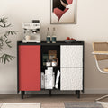 Sideboard Buffet Cabinet, Black Storage Cabinet With Red Doors2 Drawers With Unique Panel Styling And 2 Open Storage Compartment, Modern Coffee Bar Cabinet Accent Cabinet For Kitchen, Dining Room Black Red Mdf