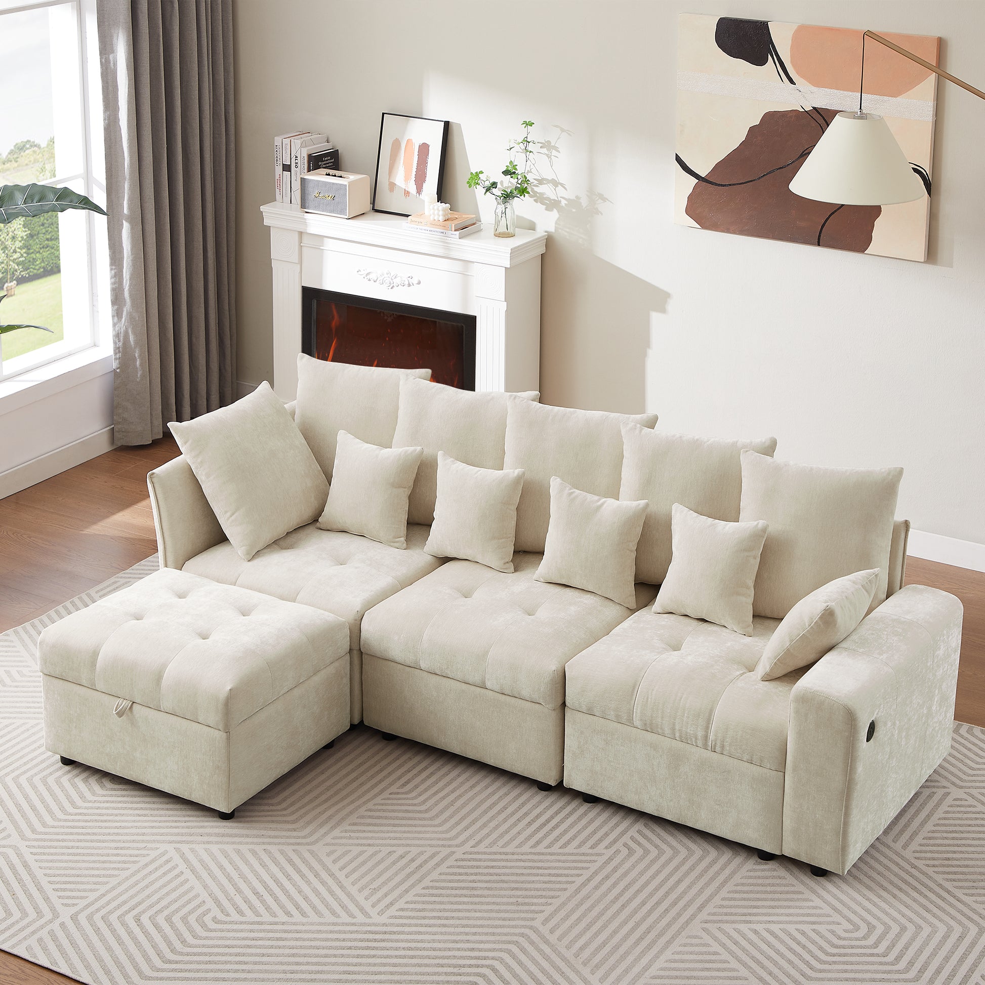 96.45"Sectional Sofa Modular Sofa Couch With Three Usb Ports, A Removable Storage Ottoman And Five Back Pillows For Living Room, Beige Beige Foam Chenille 4 Seat