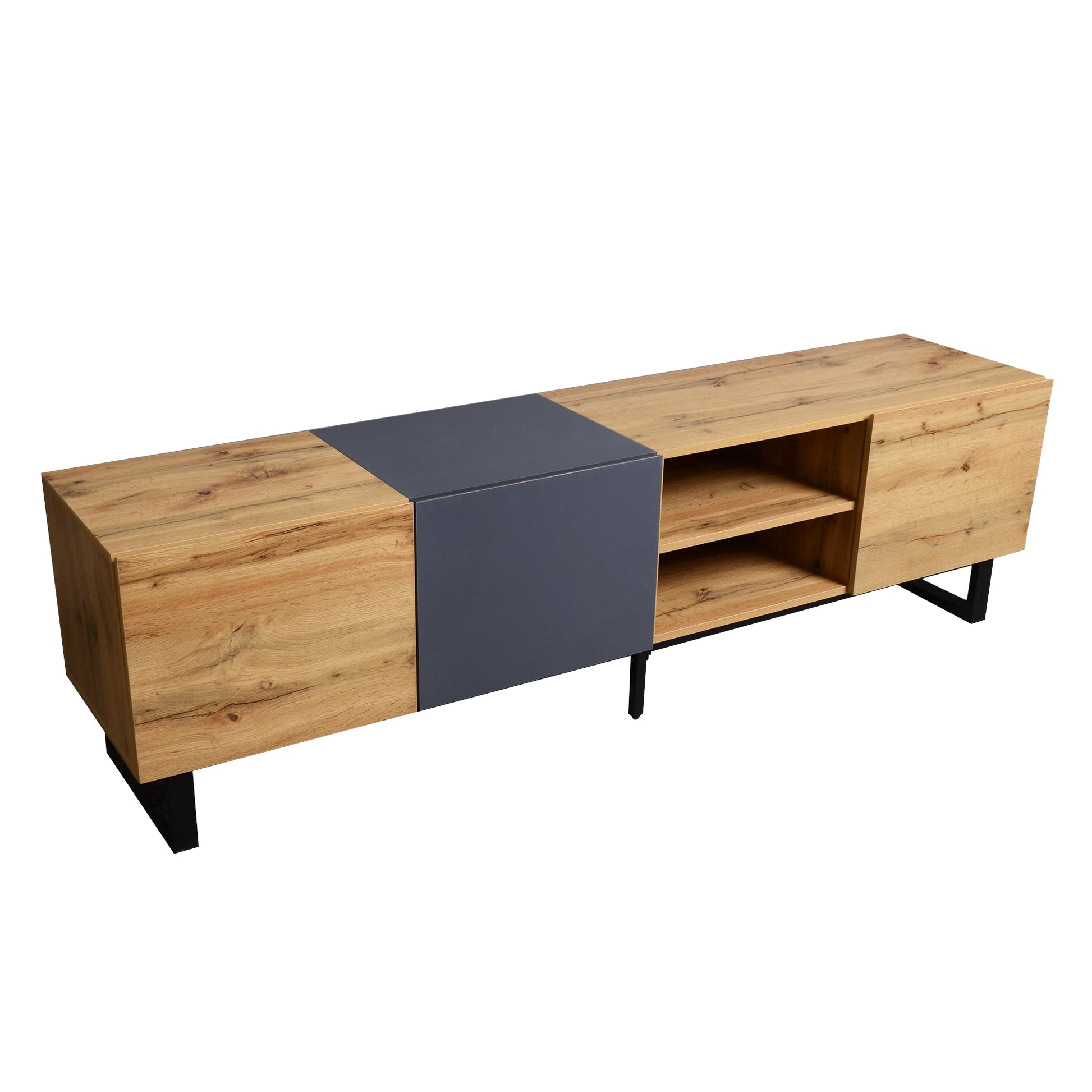 Modern Tv With 3 Cabinets& Open Shelves, Color Matching Media Console Table For Tvs Up To 80'', Entertainment Center With Drop Down Door For Living Room, Bedroom, Home Theatre Wood Brown Primary