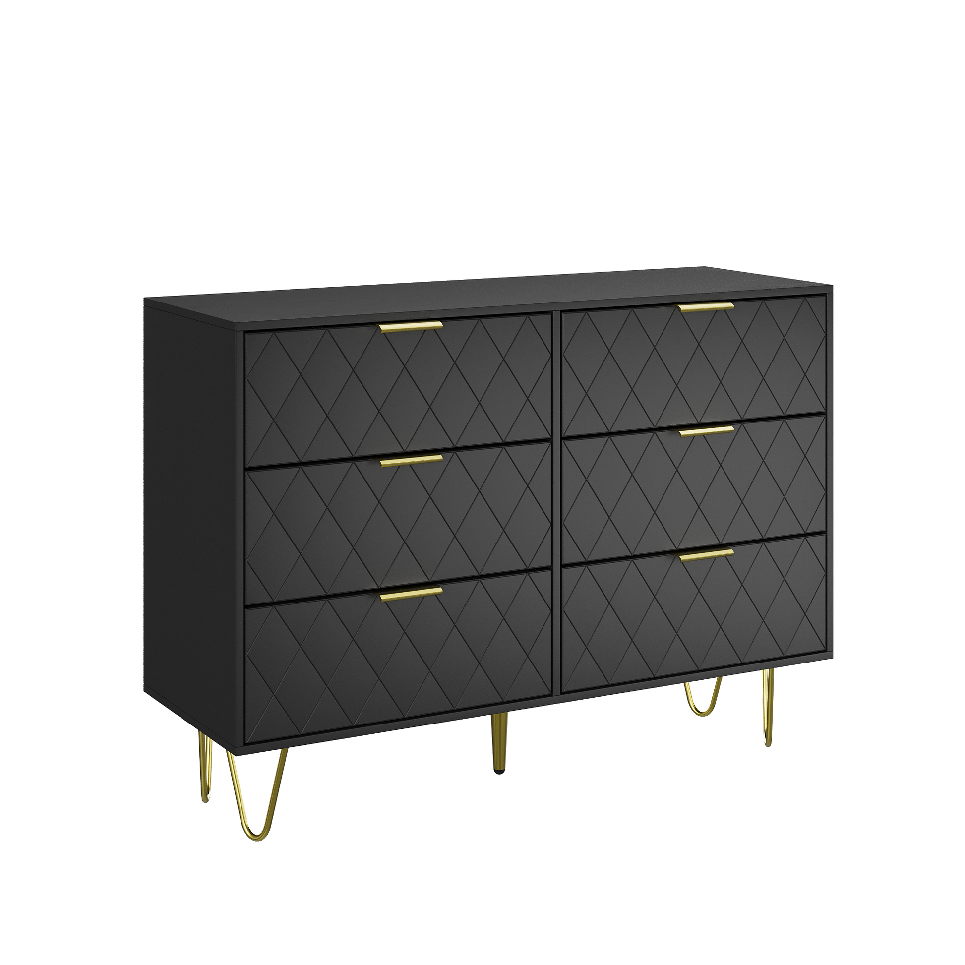 Modern Black 6 Drawers For Bedroom, Small Size Modern 6 Drawer Dresser, Wide Chest Of Drawers With Gold Handles, Wood Double Dresser Storage Cabinet For Living Room, Bedroom, Hallway Black Bedroom Mdf