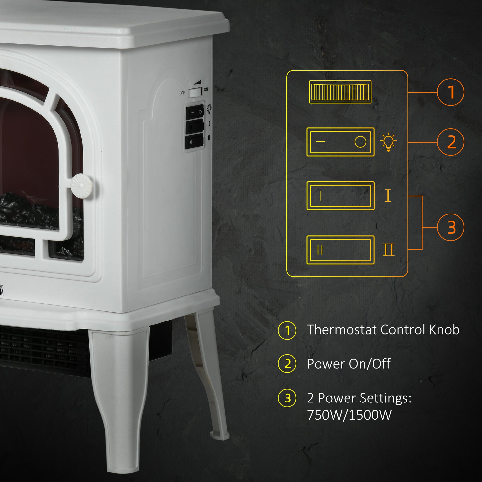 Homcom 18" Electric Fireplace Stove, Freestanding Fireplace Heater With Realistic Led Flame, Adjustable Temperature, Overheat Protection, 750W 1500W, White White Steel