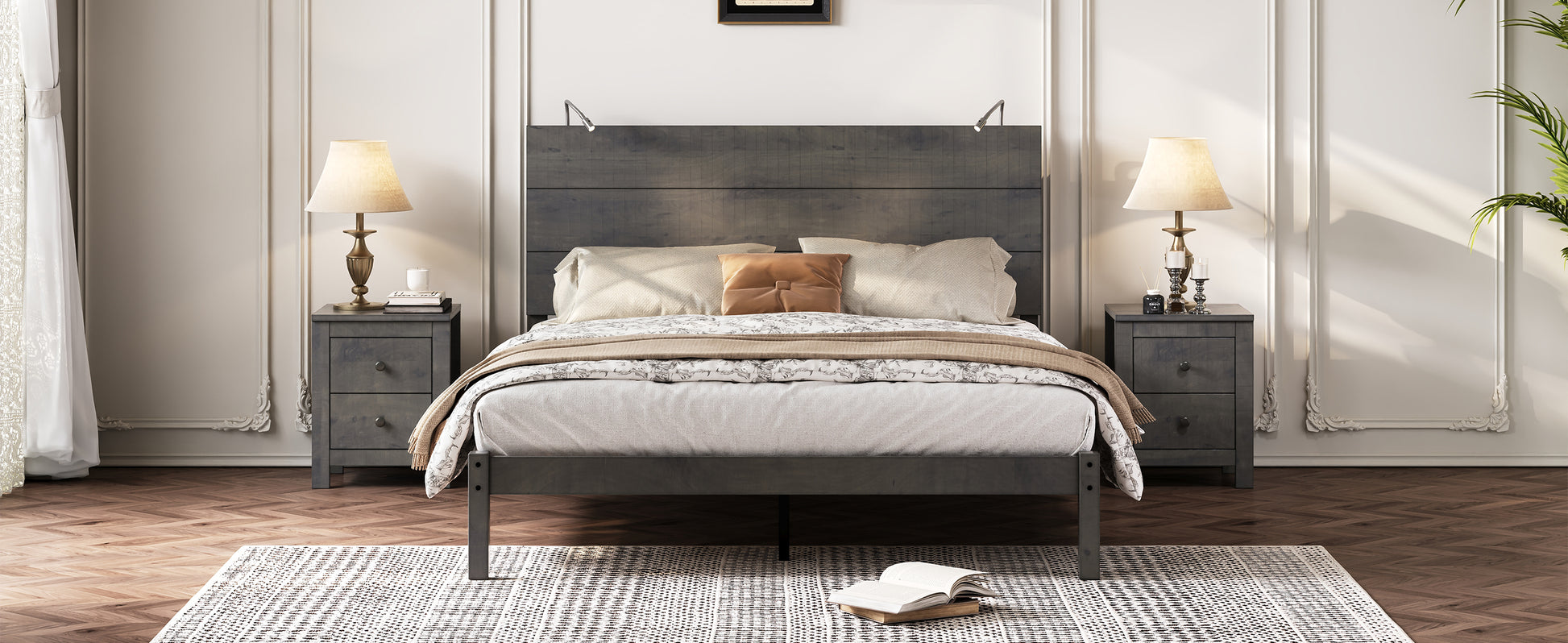 3 Pieces Bedroom Sets, Queen Size Farmhouse Platform Bed With Two Bedside Lights, 2 Drawer Nightstand, Antique Gray Queen Antique Gray 3 Piece Set Wood