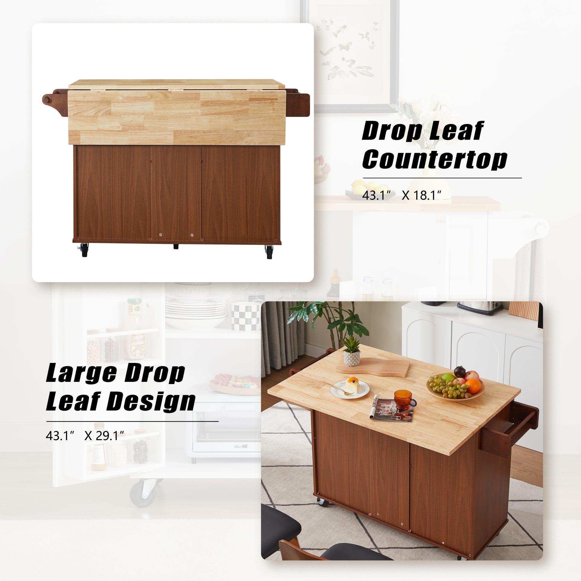 Kitchen Island With Drop Leaf Countertop, Rolling Kitchen Island Cartbarn Door Kitchen Island Table With Storage Cabinet And Tower Rack, Island Table On Wheels For Kitchen, Retro Brown Brown Brown Dining Room Rectangular Kitchen Carts Particle Board