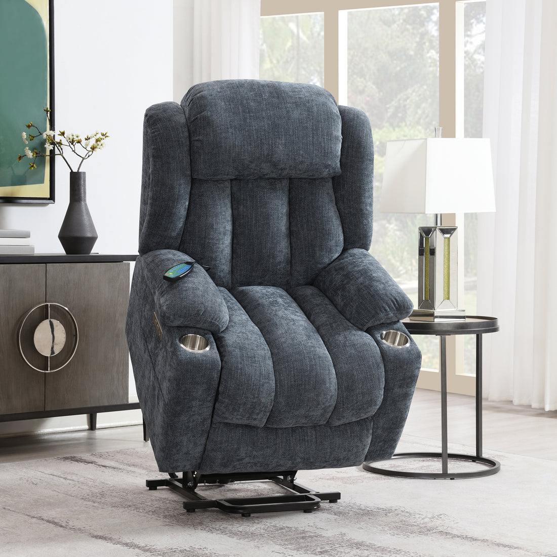 Blue Power Lift Recliner With Heating And Massage Blue Chenille Power Remote Metal Primary Living Space Tight Back Push Button Pillow Top Arms Chenille