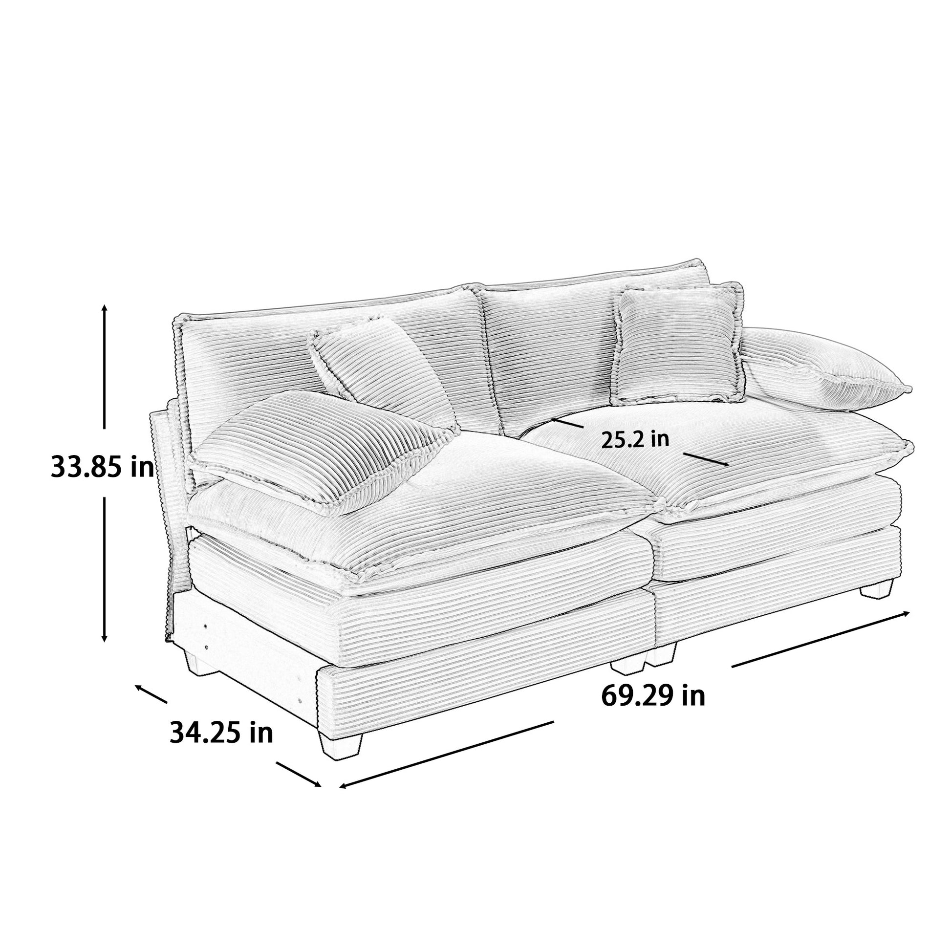 Armless Deep Seating 2 Seater Corduroy Sofa, Can Be Combined With Alternative Armrests And Single Armless Sofas ,Green Corduroy Fabric Green Corduroy 2 Seat