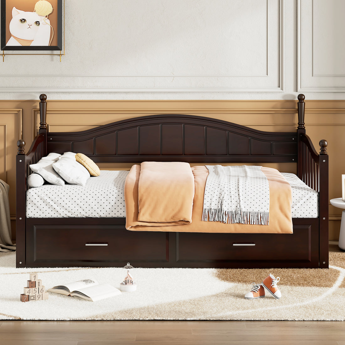 Wooden Twin Size Daybed With Twin Size Trundle, Extendable Daybed With Two Storage Drawers, Espresso Expected Arrival Time:9.12 Twin Espresso Wood