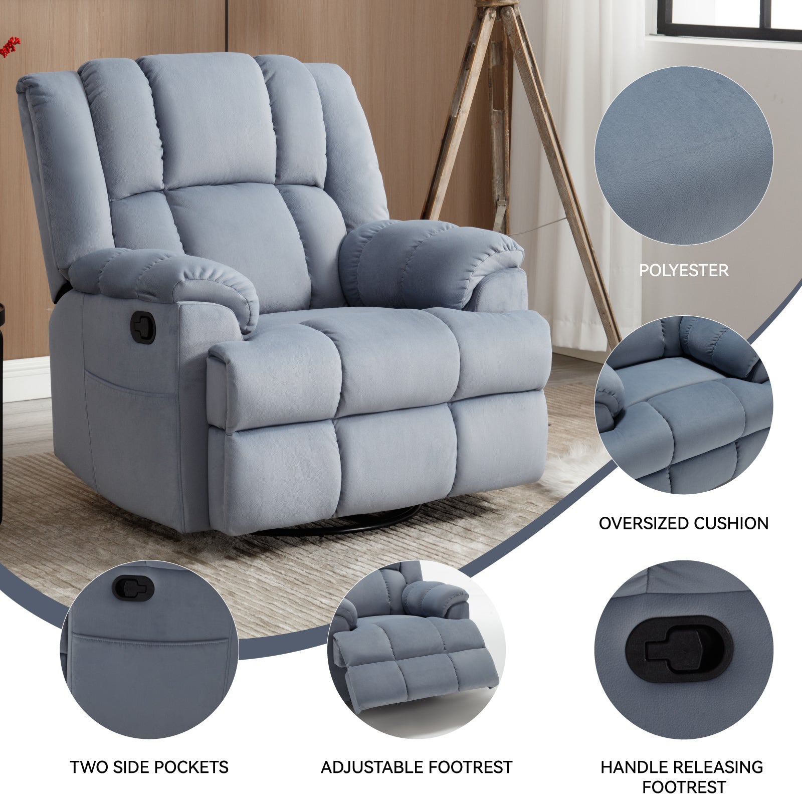 Manual Recliner Chair With Rocker And Swivel In Fabric For Living Room, Blue Blue Polyester Manual Handle Metal Primary Living Space Medium Firm Cushion Back Heavy Duty American Design Pine Pillow Top Arms Fiber Foam And Polyester Fiber Pad Fabric