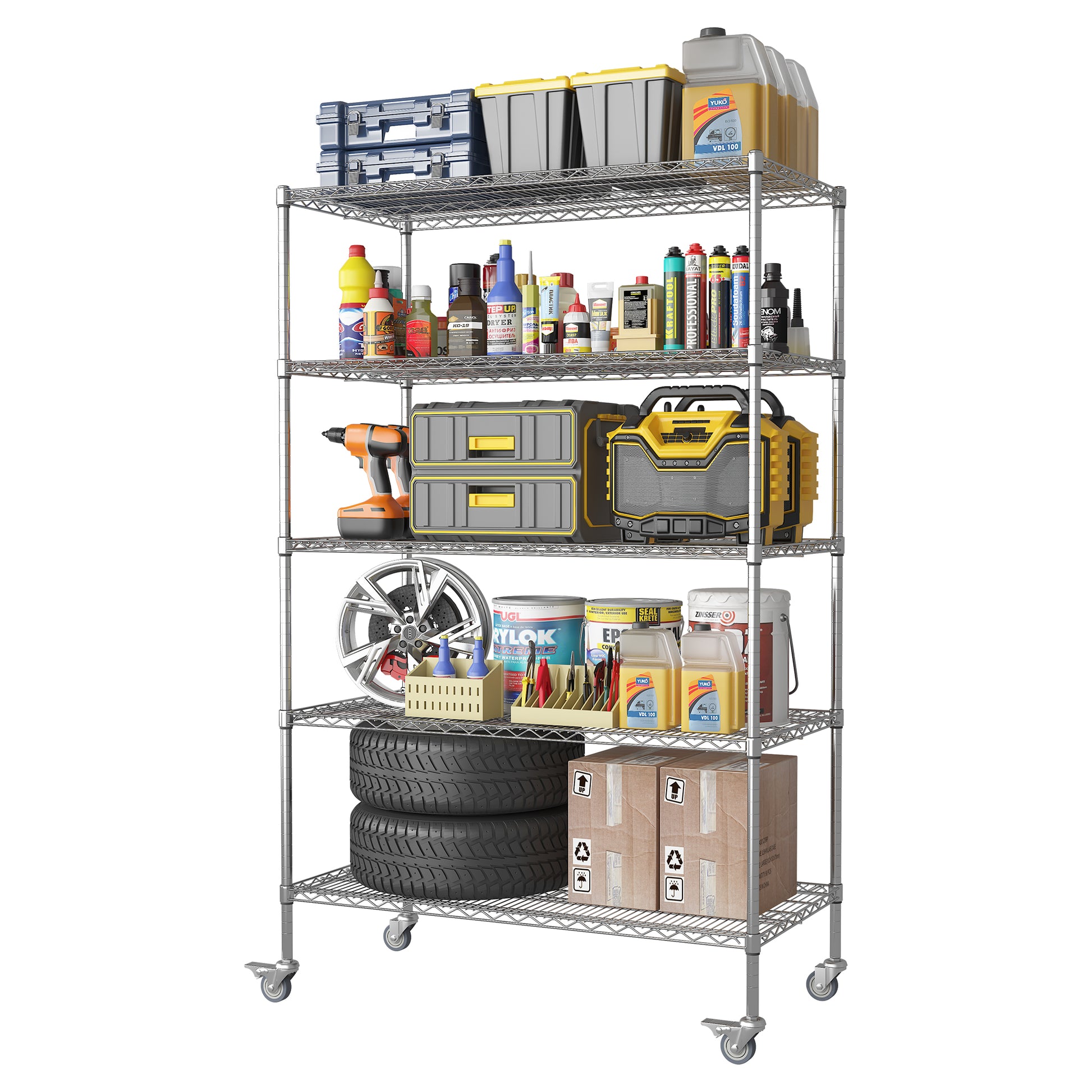 72" H Metal Large Storage Shelves With Wheels, Metal Shelving With Chrome, Adjustable 5 Tier Sturdy Metal Shelves For Storage Shelving,Kitchen,Garage 5 Silver Primary Living Space Metal Modern