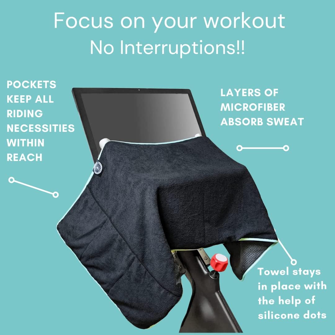 Sweat Protection Towel, Handdlebar Sweat Towel For Peloton, Echelon Bike, Bike Trainer Stand, Indoor Cycling Workout Towel With 6 Pocket For Water Bottle Or Phone Holder Black Polyester