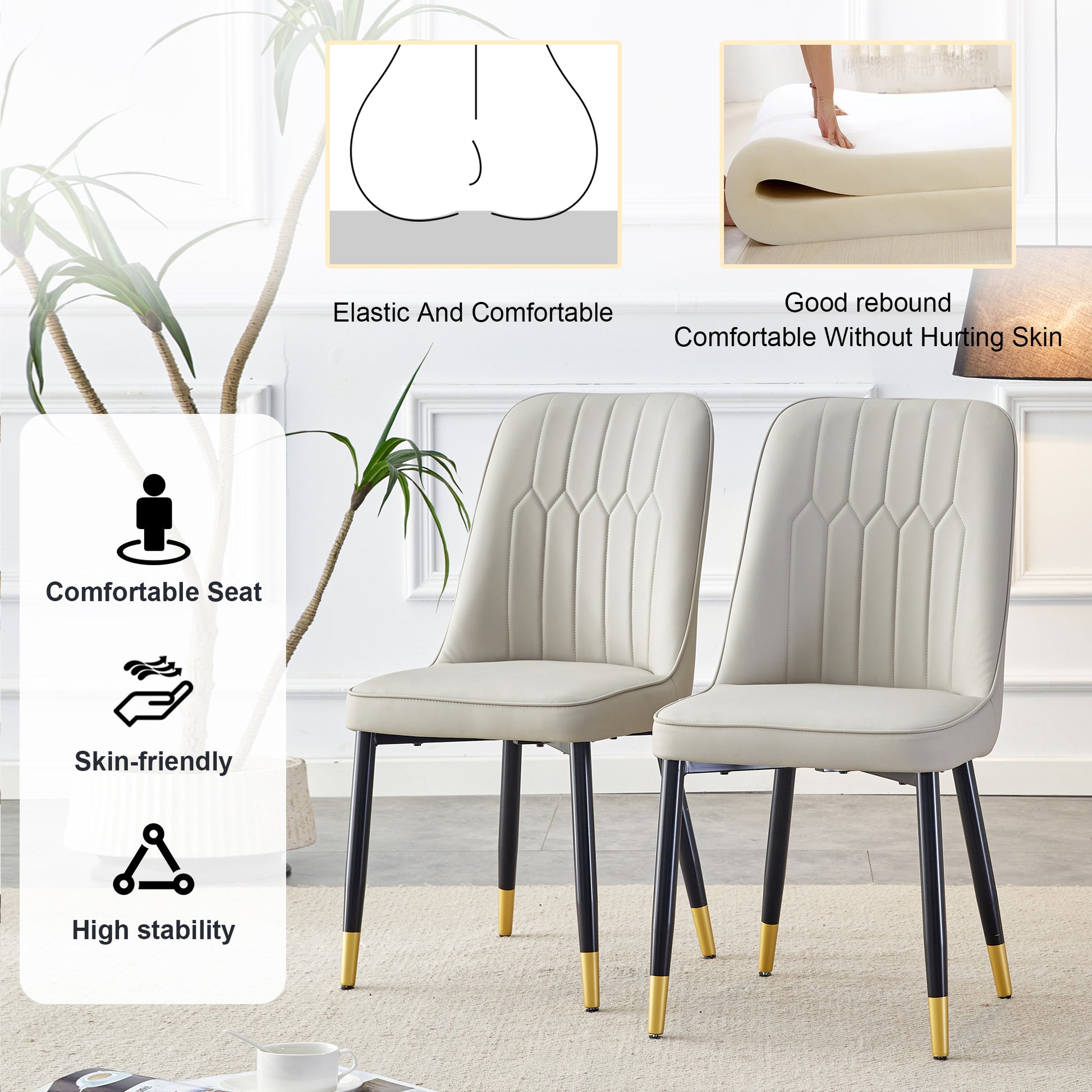 Table And Chair Set.Modern Rectangular Dining Table With Black Textured Stickers Glass Tabletop And Gold Plated Metal Legs.Paried With 6 Comfortable Chairs With Pu Seats And Black Metal Legs. Black Gold,Light Gray Seats 6 Glass Metal