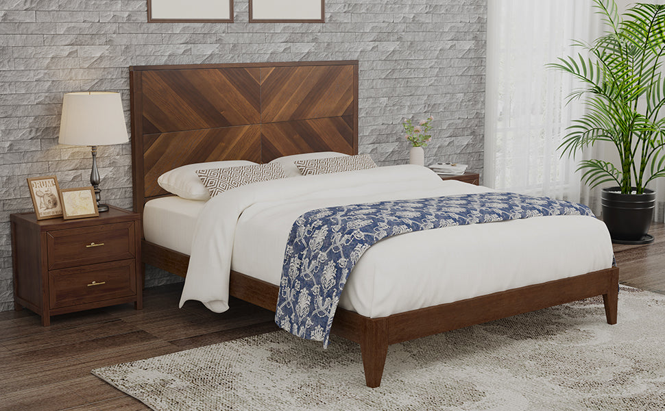 Mid Century Modern Platform Bed Wood Slat Support With No Box Spring Needed,Queen, Walnut Box Spring Not Required Queen Walnut Wood Bedroom Mid Century Modern Bed Frame Wood