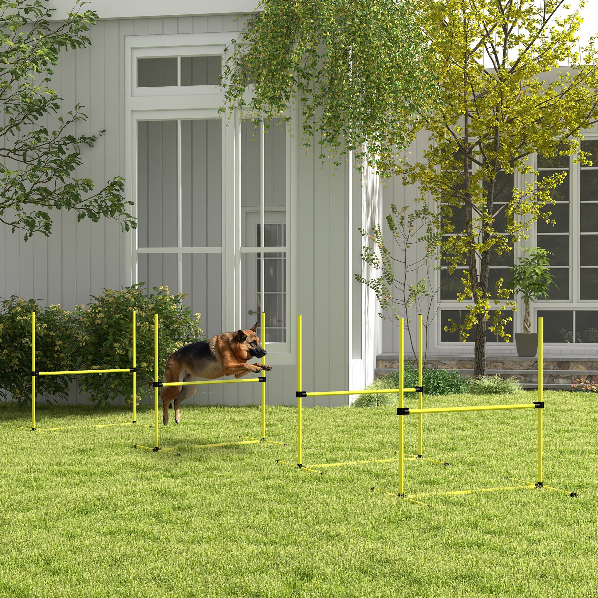 Pawhut 4 Piece Dog Agility Training Equipment For Dog Agility Course With Adjustable Height Jump Bars, Included Carry Bag, & Displacing Top Bar, Yellow Yellow Plastic