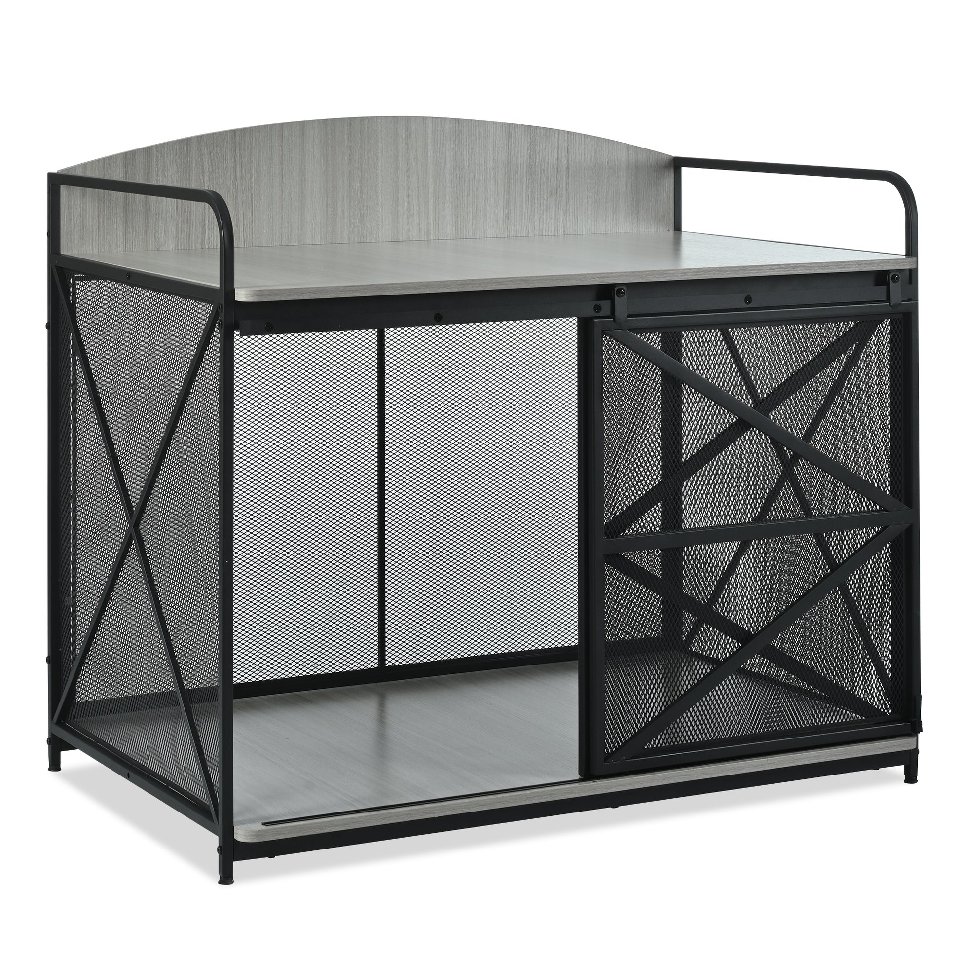 42.8" Heavy Duty Large Dog Crate Furniture For Large Medium Dog, Farmhouse Wooden Dog Kennel Indoor End Table, Decorative Pet House For Large Dogs, Gray Gray Pet Barrier Large 41 70 Lbs Iron,Mdf