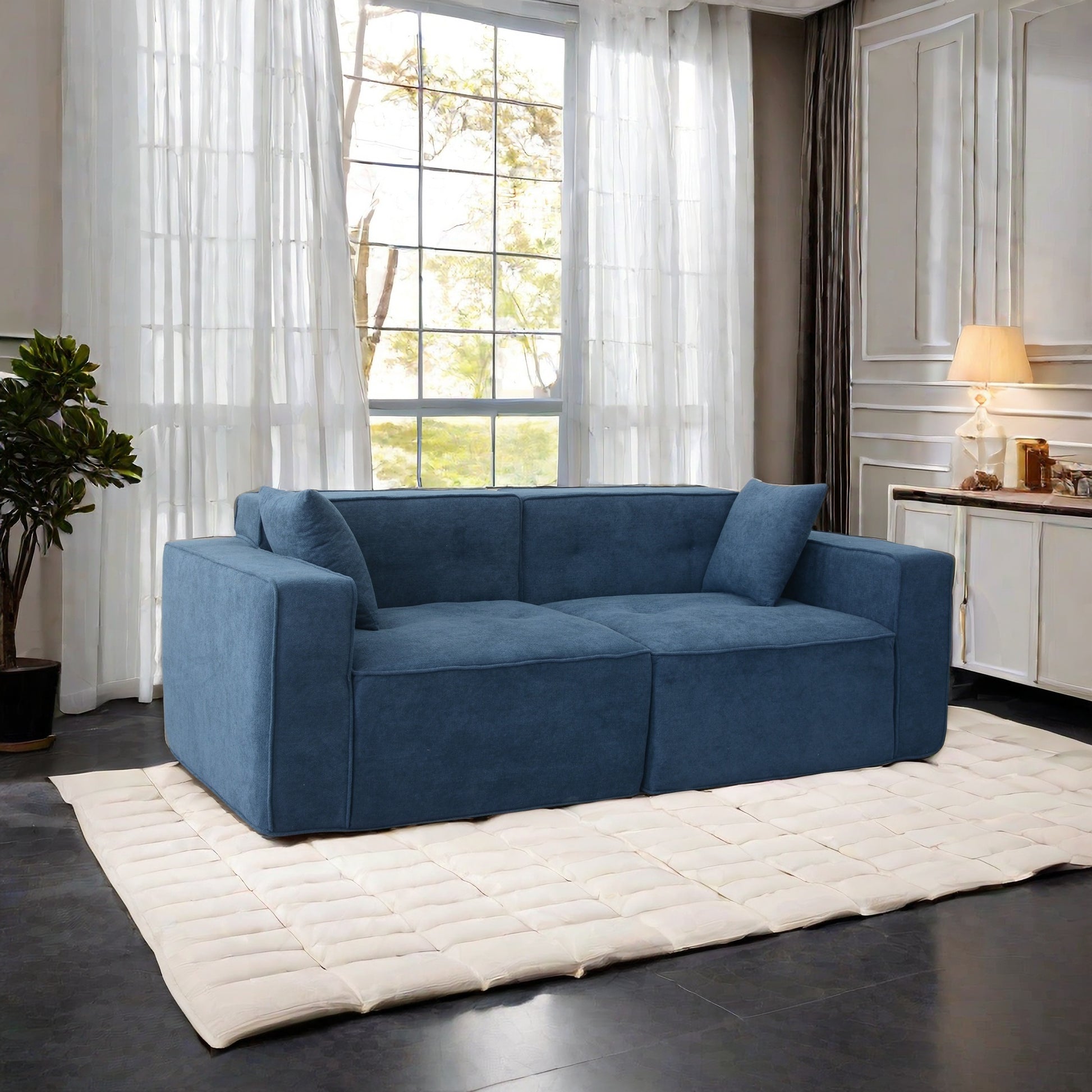 Modern Teddy Velvet Sofa,Full Foam 3 Seat Compression Sofa,The Soft Polyester Cotton Cushion And Wide Seating Depth Make The Large Sofa Have A Small Volume Blue Linen Wood Primary Living Space Soft