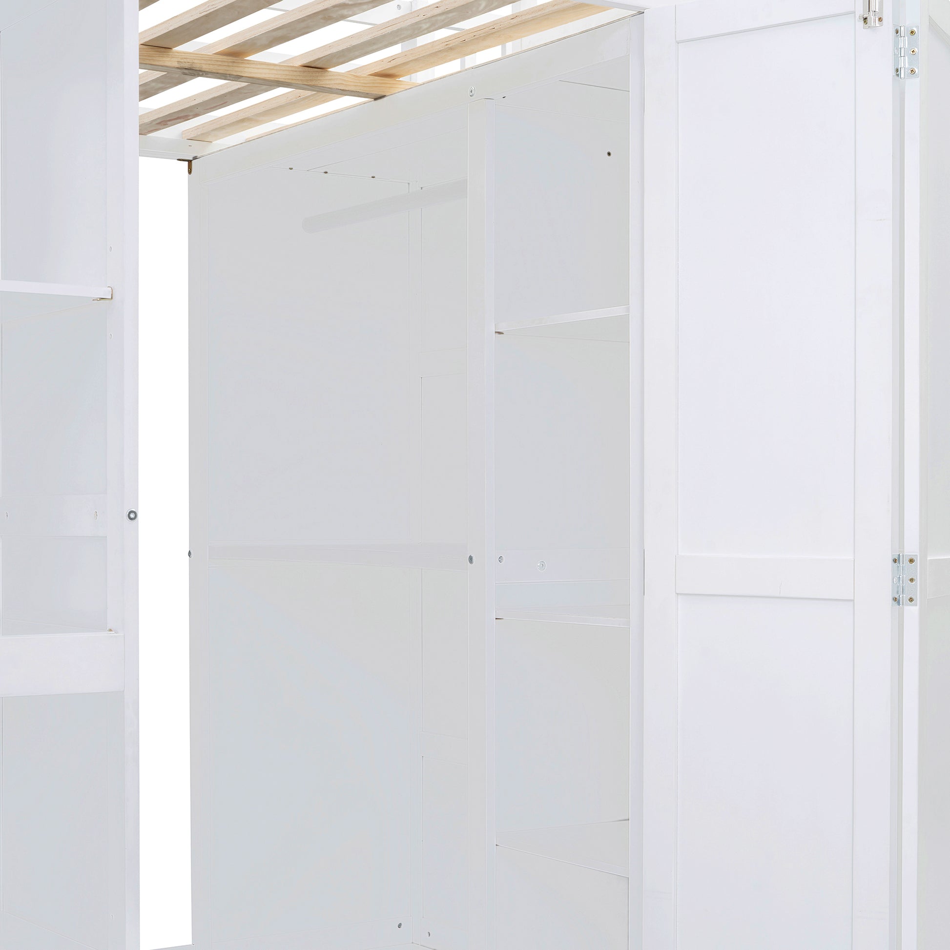 Full Size Bunk Bed With Wardrobe,Desk And Shelves,White White Mdf Lvl