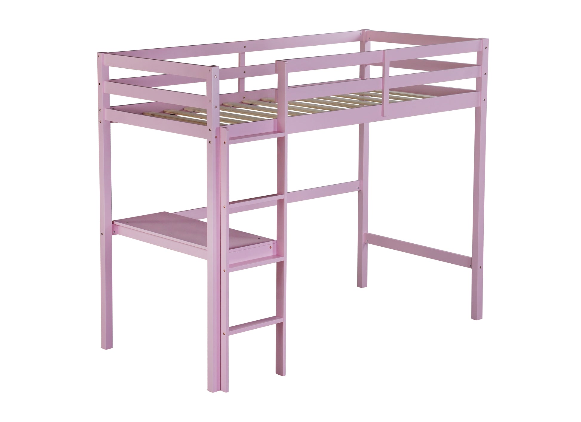 Twin High Loft Bed, Rubber Wood Loft Bed With Safety Guardrail, Built In Desk, Ladder,Pink Twin Pink Abs Rubber Steel Q235 ,Rubber Wood