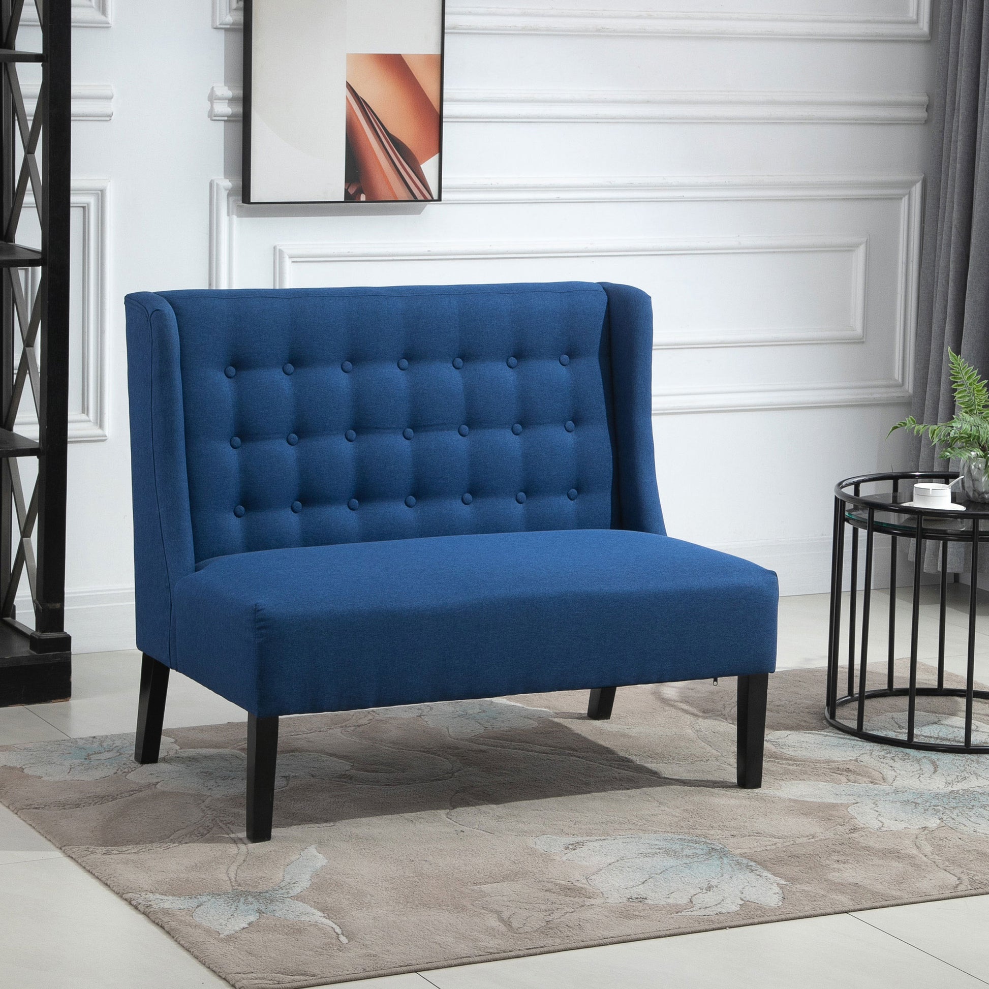 Homcom Wingback Double Sofa Linen Fabric Upholstery Button Tufted Loveseat Armless Couch Modern Contemporary Living Room Settee With Wood Legs, Blue Blue Linen