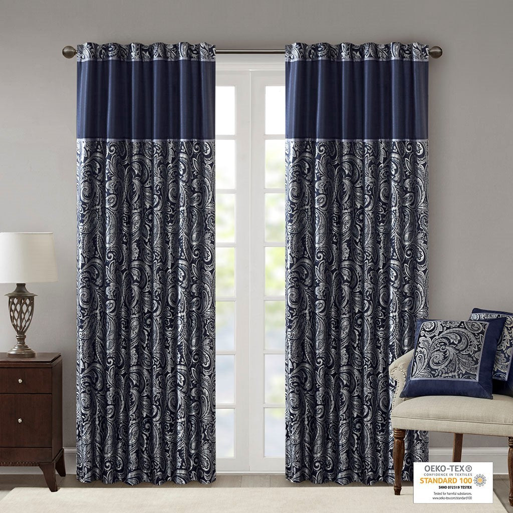 Jacquard Curtain Panel Pair Navy Polyester