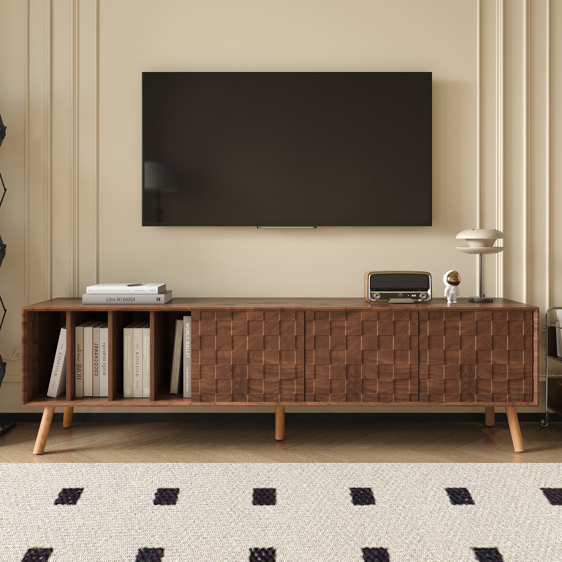 70" Mid Century Modern Tv Stand, Media Console Table For Tvs Up To 80'', Entertainment Center With 5 Solid Wood Legs For Living Room, Bedroom Walnut Primary Living Space 70 79 Inches 70 79 Inches