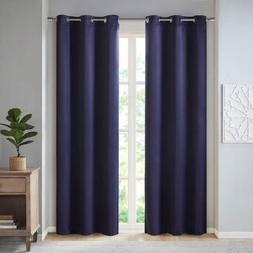 Solid Blackout Triple Weave Grommet Top Curtain Panel Pair Navy Polyester