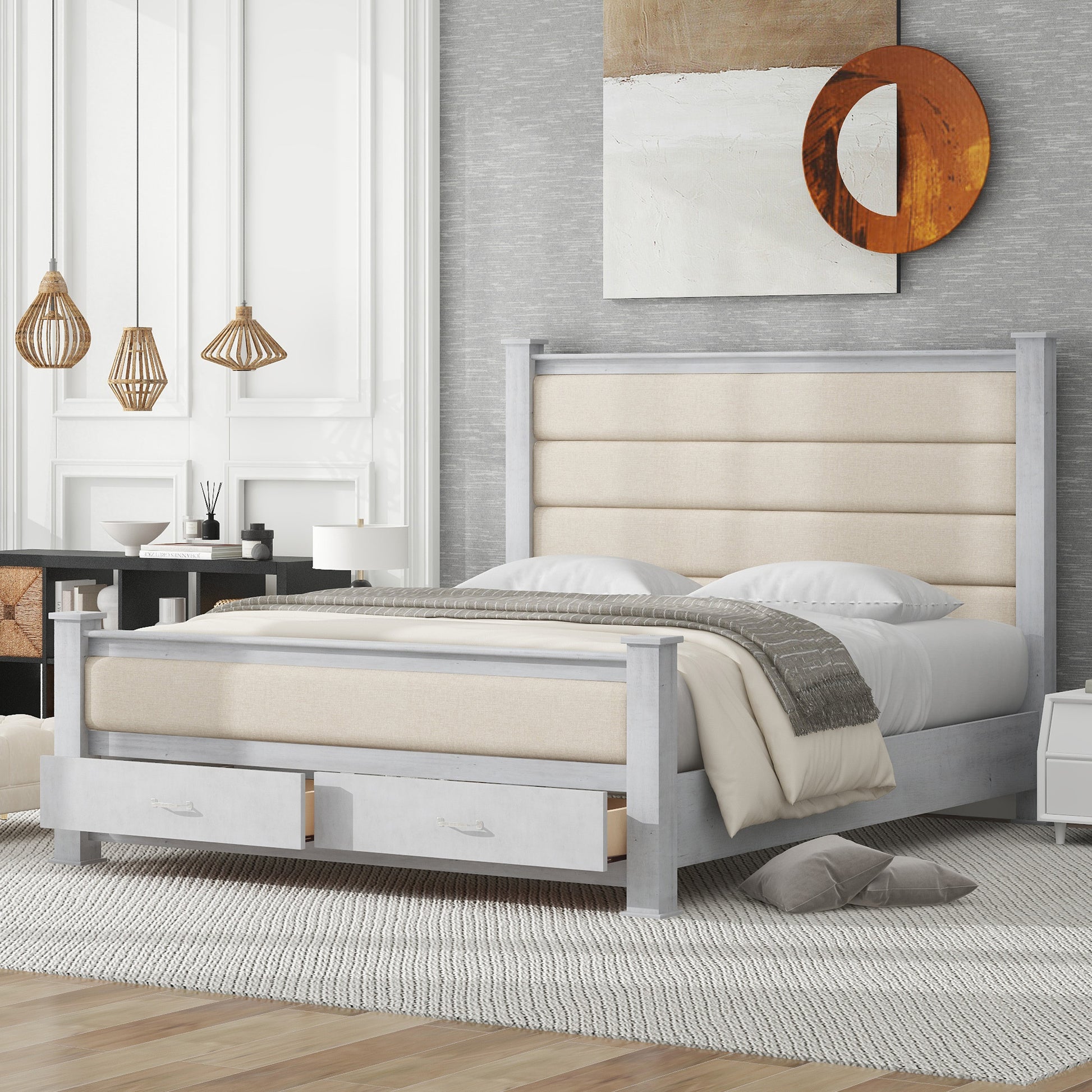 Queen Size Wood Frame Platform Bed With Upholstered Headboard, Footboard And 2 Drawers, Antique White Box Spring Not Required Queen Antique White Wood Bed Frame Solid Wood Mdf