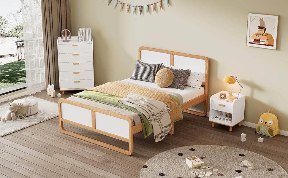 Modern Style Queen Size Solid Wood Platform Bed For Kids, Teens, Adults, No Need Box Spring, Walnut And White Box Spring Not Required Queen White Walnut Wood Bedroom Modern Pine Bed Frame Wood