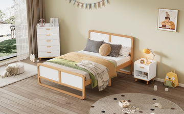 Modern Style Full Size Solid Wood Platform Bed For Kids, Teens, Adults, No Need Box Spring, Walnut And White Box Spring Not Required Full White Walnut Wood Bedroom Modern Pine Bed Frame Wood