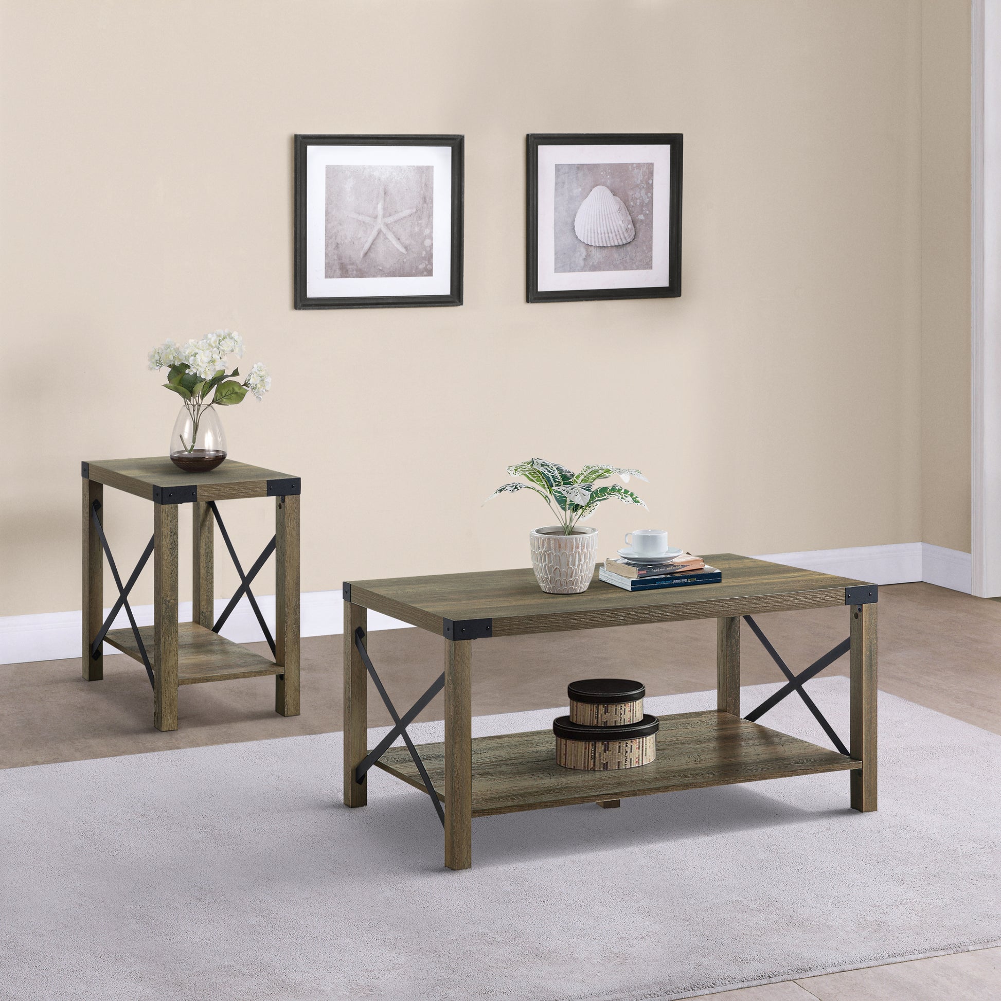 Rustic Oak Coffee Table With Bottom Shelf Rustic Primary Living Space Shelves Rectangular Wood Metal