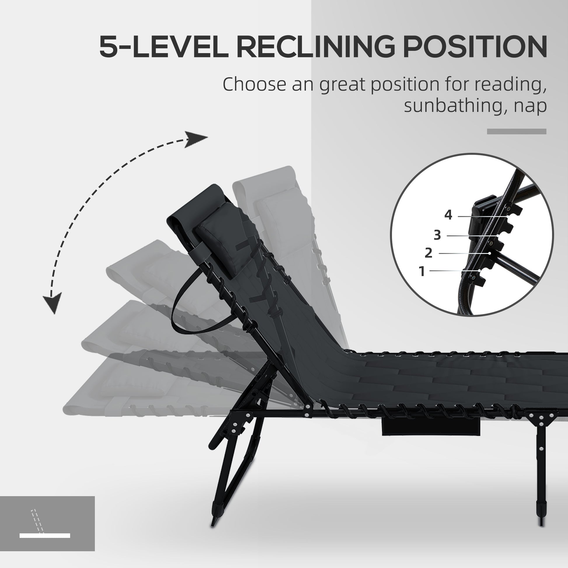Outsunny Folding Chaise Lounge Set With 5 Level Reclining Back, Outdoor Lounge Tanning Chair With Padded Seat, Side Pocket & Headrest For Beach, Yard, Patio, Black Black Steel