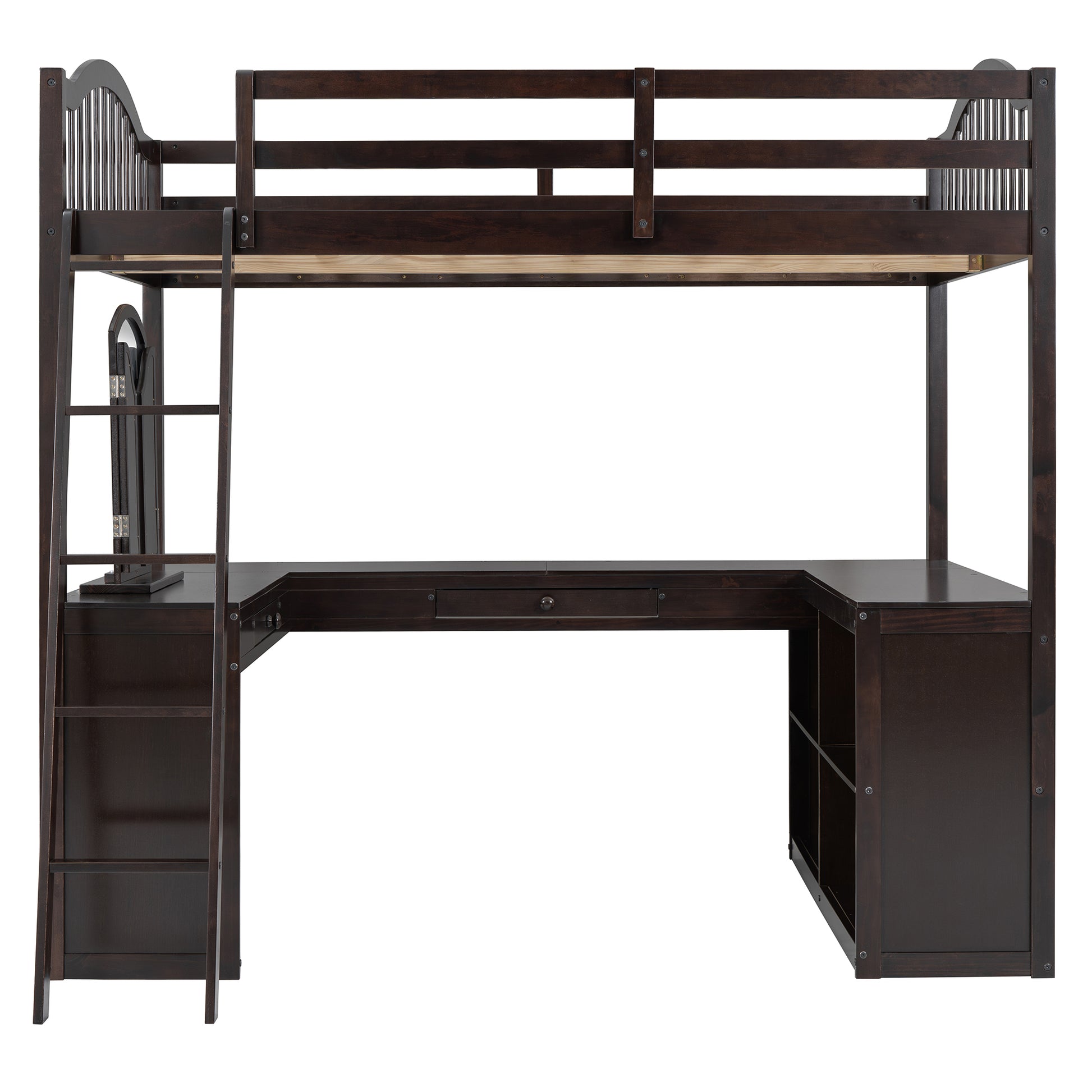 Full Wooden Loft Bed With U Shaped Desk,Storage Compartments And Tri Fold Mirror, Espresso Espresso Plywood,Solid Wood Mdf