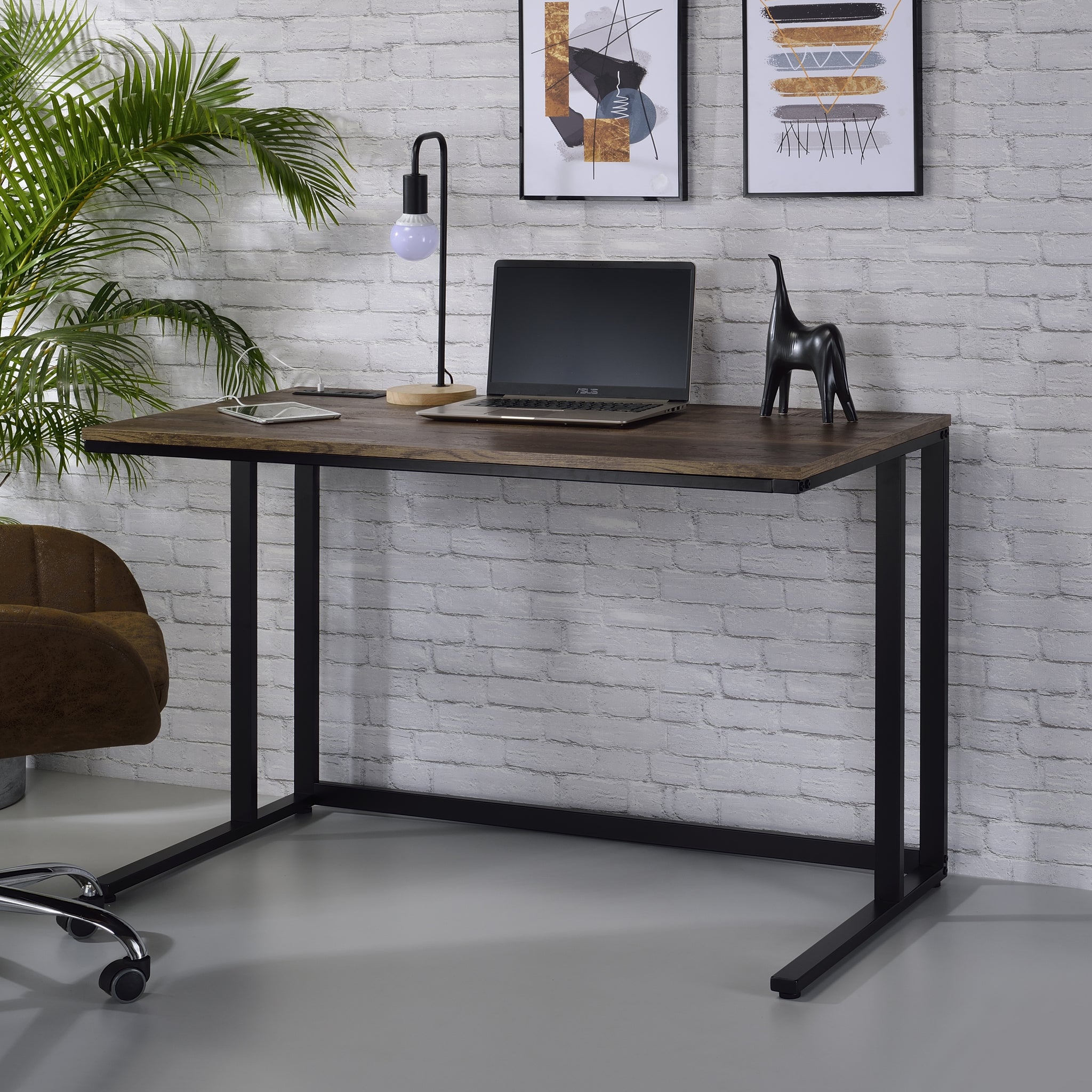 Walnut And Black Writing Desk With Usb Port Walnut Black Computer Desk Office Rectangular Wood Metal Sled