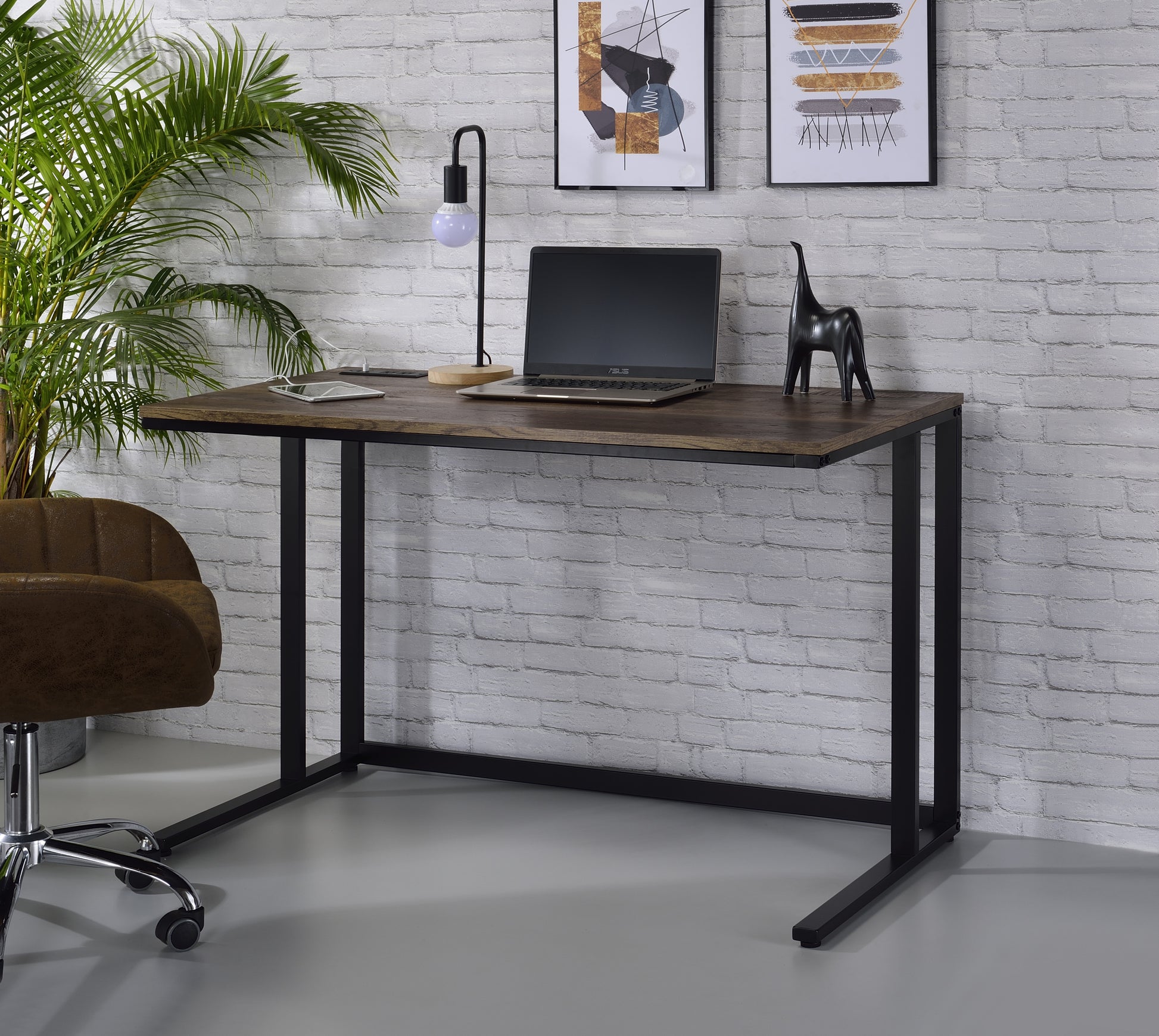 Walnut And Black Writing Desk With Usb Port Walnut Black Computer Desk Office Rectangular Wood Metal Sled