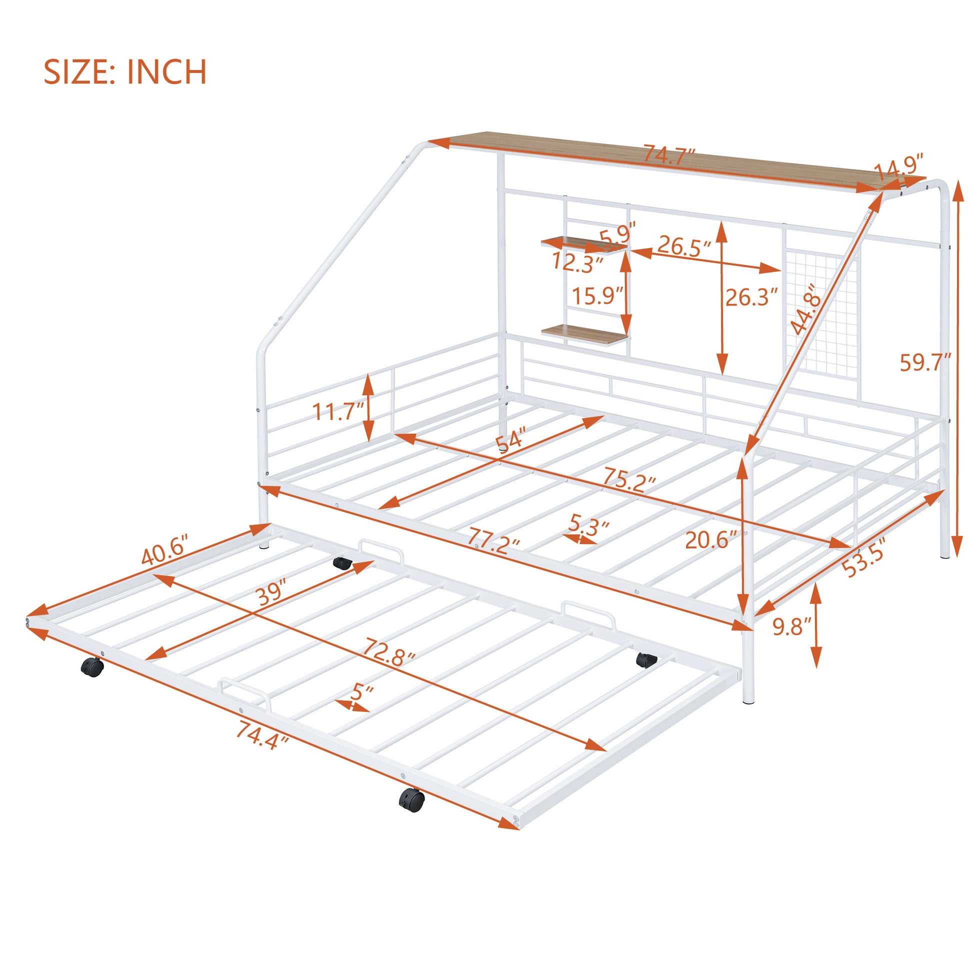 Full Size Metal House Bed With Trundle, White Full White Metal