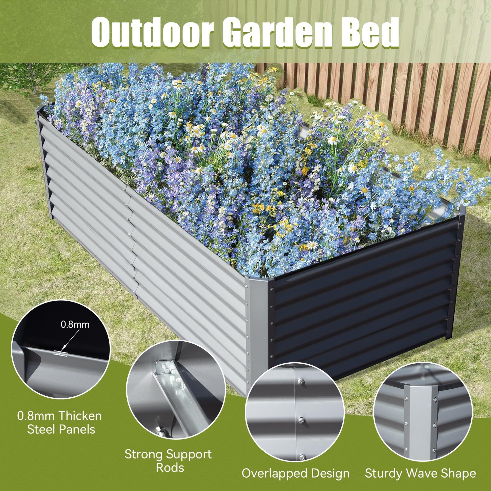 8X4X2 Ft Galvanized Raised Garden Bed, Outdoor Planter Garden Boxes Large Metal Planter Box For Gardening Vegetables Fruits Flowers,Silver Silver Garden & Outdoor Steel
