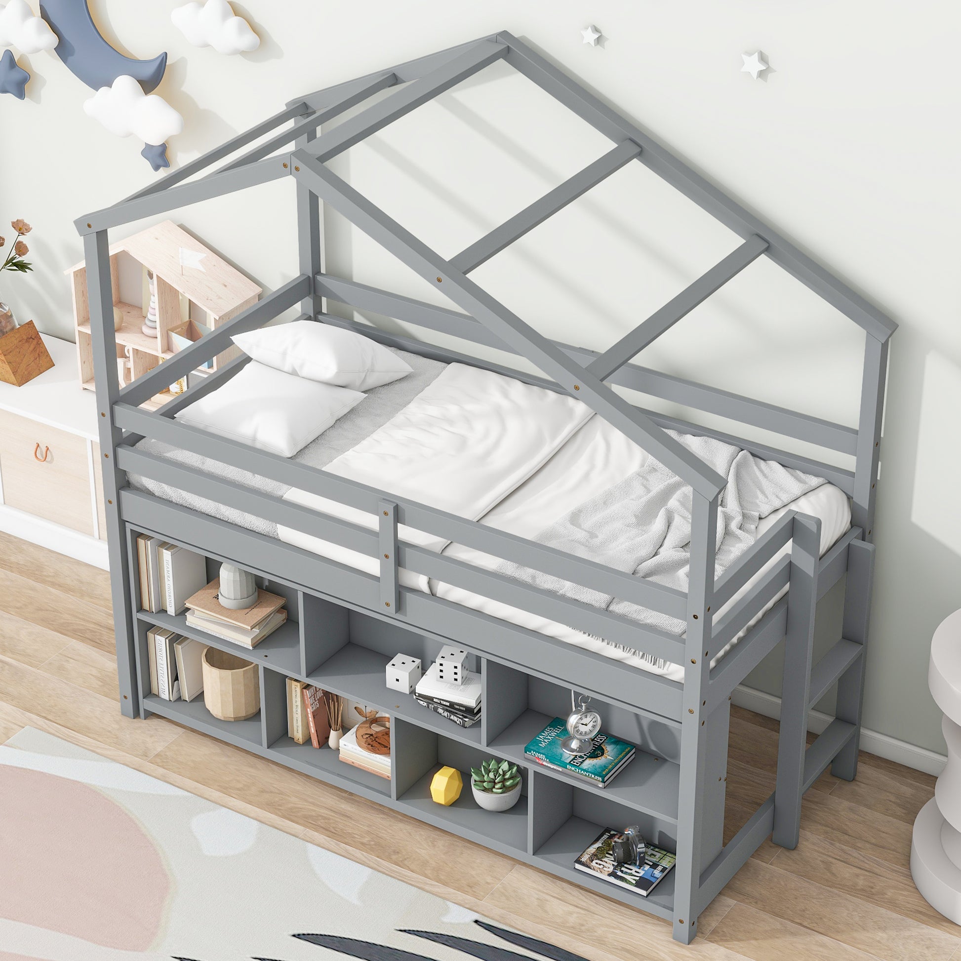 Twin House Loft Bed With Roof Frame, Under Bed Shelving Storage Unit, Guardrails, Ladder,Grey Twin Gray Bedroom American Design Pine Pine