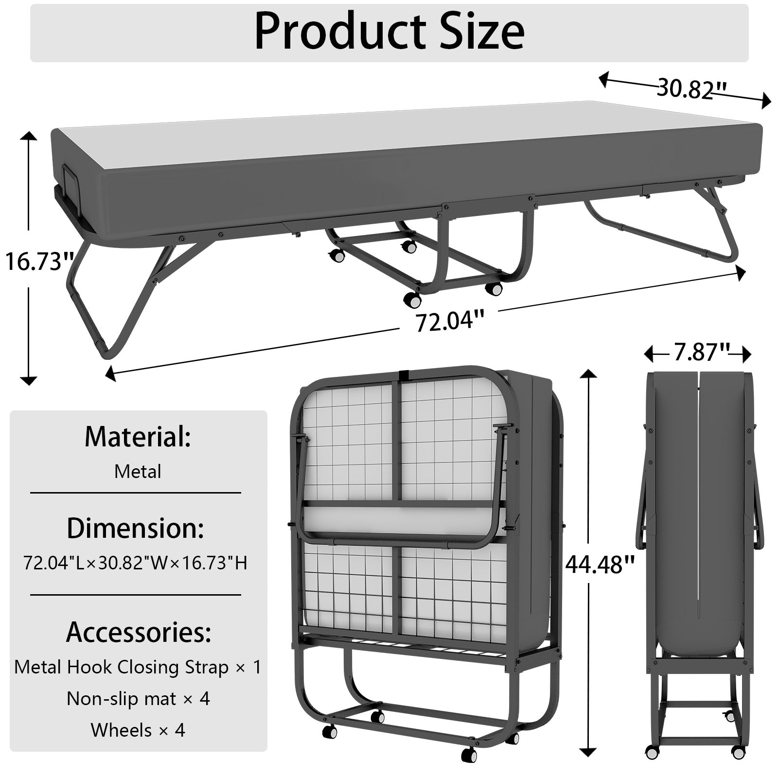 Deluxe Diplomat Folding Bed Twin Size With Luxurious Memory Foam Mattress And A Super Strong Sturdy Frame White Black Metal