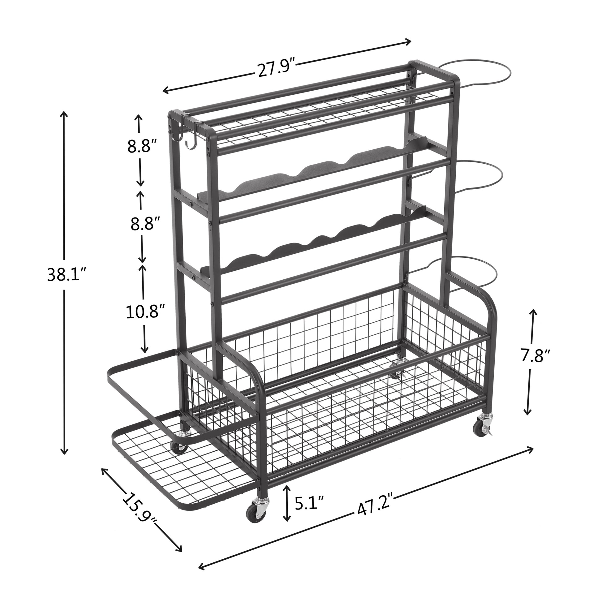 4 Tier Metal Storage Organizer With Rolling Wheels For Basketball Sports Equipment Organizer For Yoga Mat Larger Ball Storage Rack With Baskets And Hooks, Indoor Or Outdoor For Tennis Racket,Football Black Gym American Design,Retro Metal