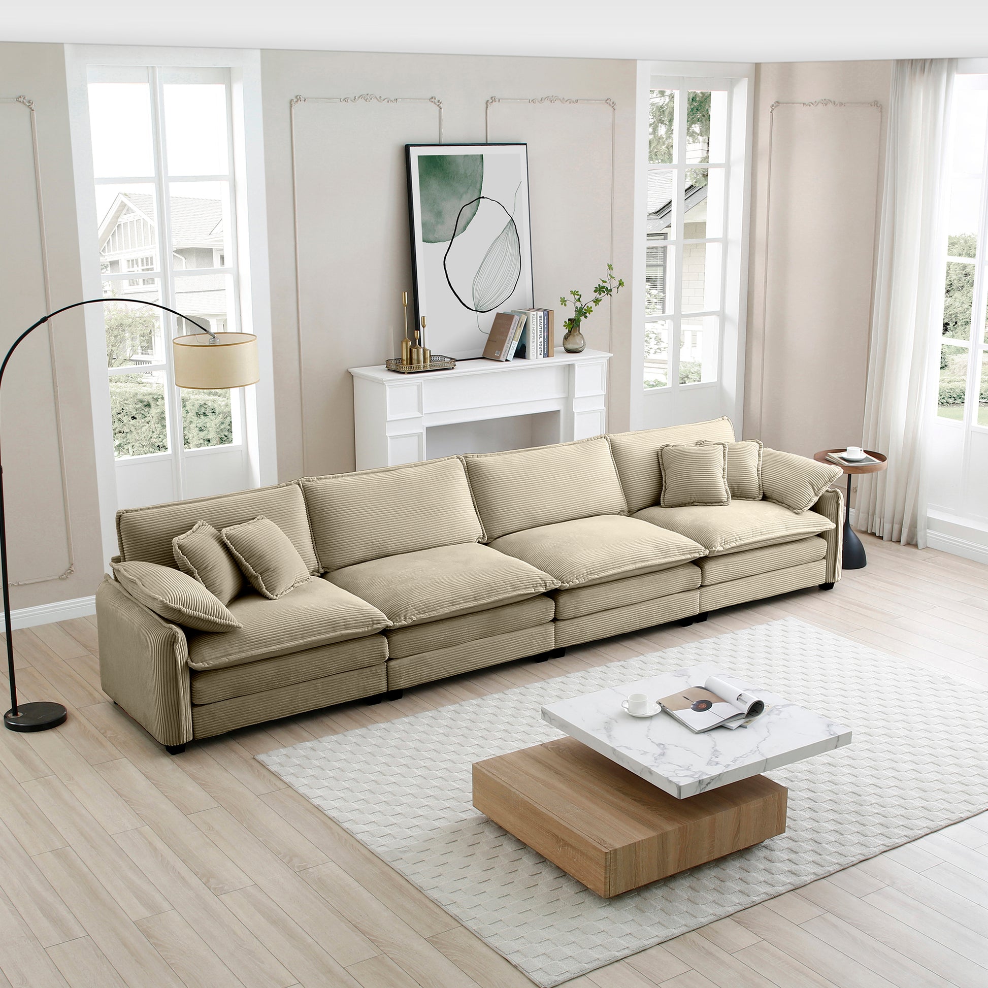 Corduroy Sofa,Modern Upholstered 4 Seater Corduroy Fabric Sofa,Office Living Room Apartment Comfortable Sofa, Easy To Assemble With 2 Arm Pillows And 4 Throw Pillows Tan Corduroy 4 Seat