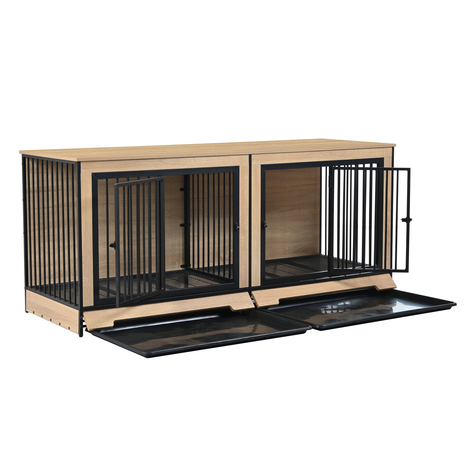 Dog Crate Furniture With Two Combined Room, Xl Large Double Dog Cage Furniture With Tray For Medium Large Dogs, Wooden Dog Kennel Furniture Black Natural Mdf Iron