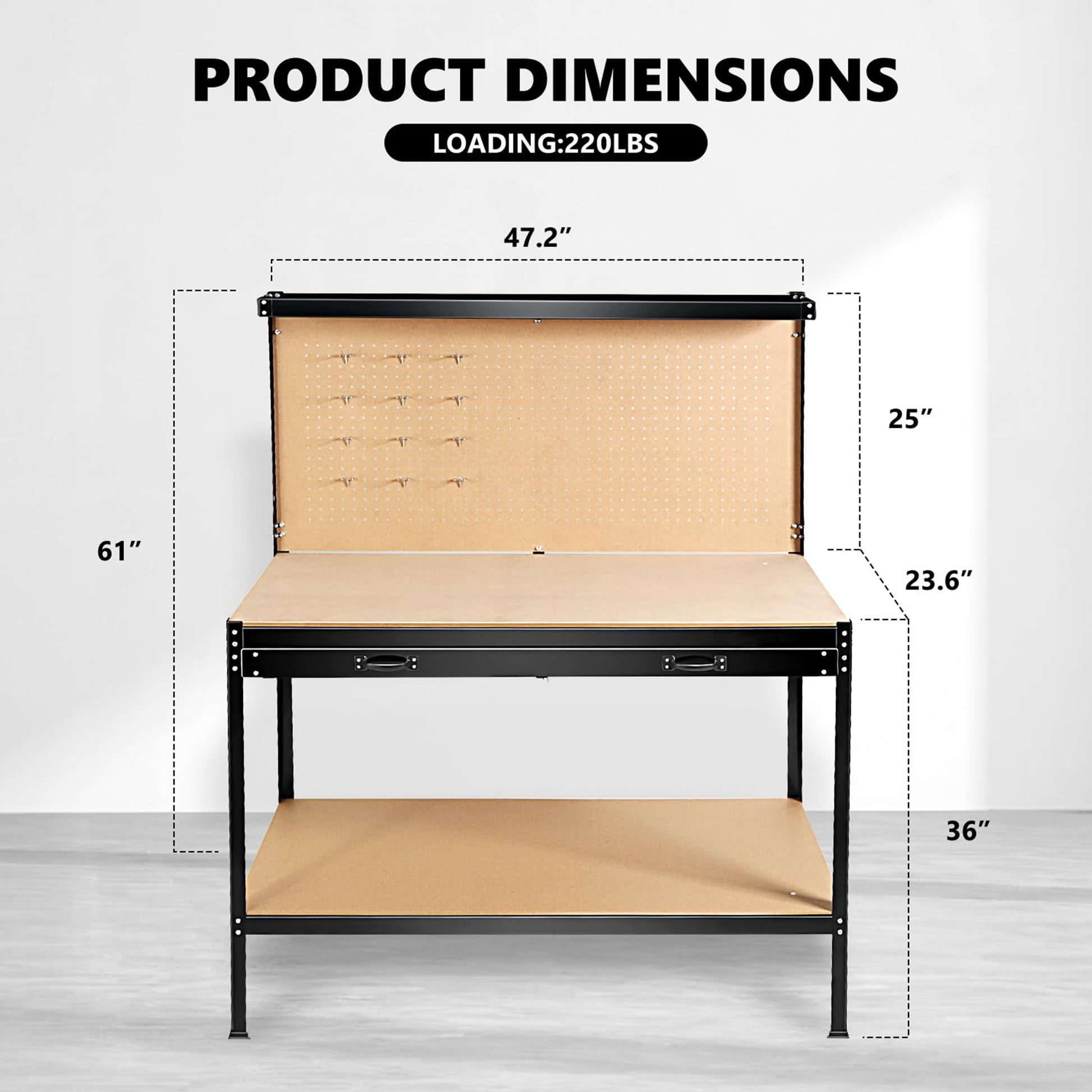 63" Tools Cabinet Working Tables Workbench Tool Storage Workshop Table With Drawers And Pegboard Black Steel