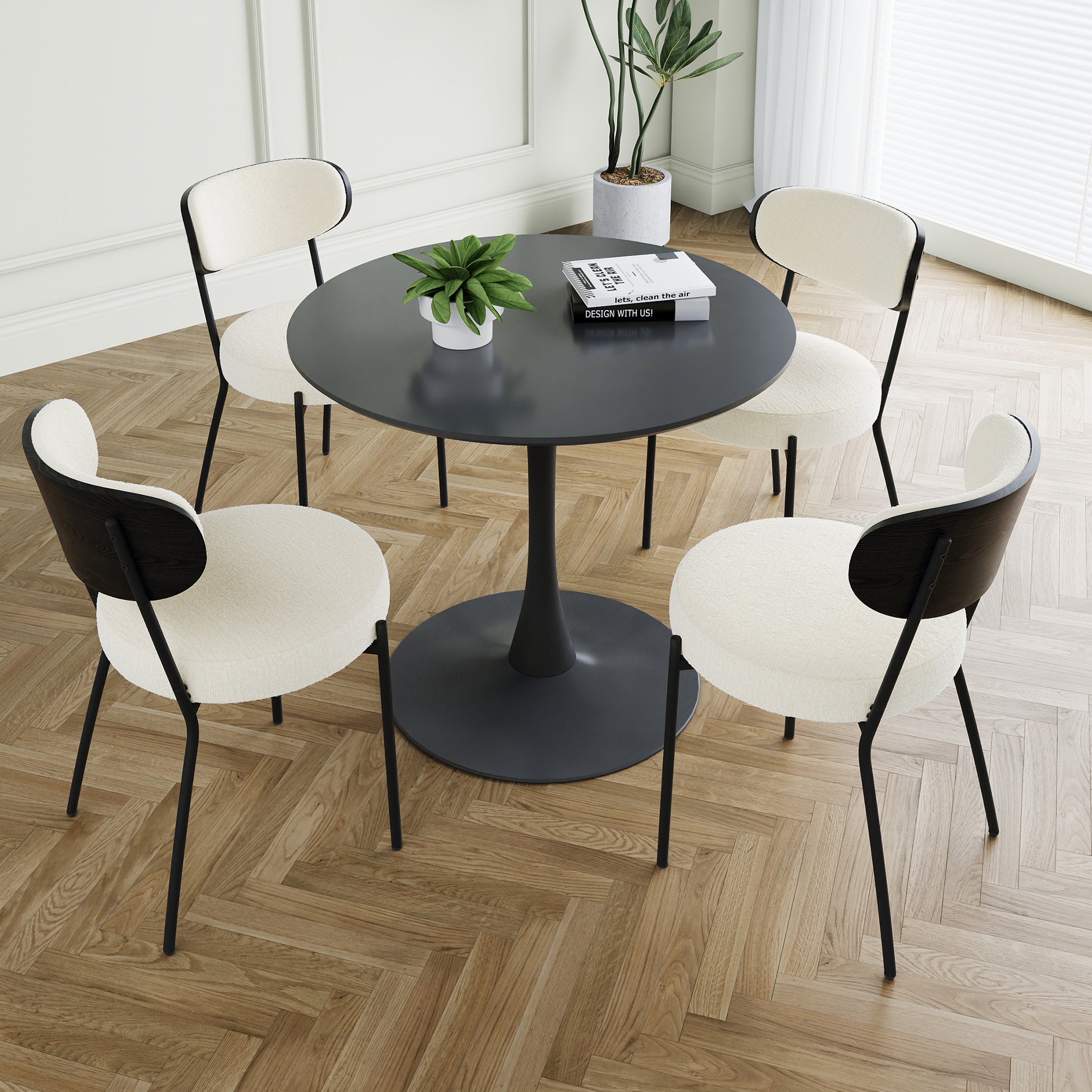 Modern Grey Simple Teddy Velvet Dining Chair Upholstered Chair Family Bedroom Stool Back Dressing, Black Round Table Set,Bentwood Covered With Ash Veneer Chair Back,Chair Black Metal Legs Set Of 5 Black Mdf