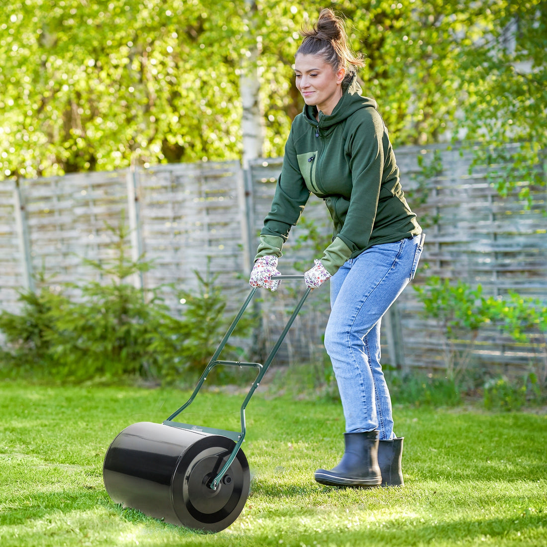 Outsunny 20 Inch Push Tow Behind Lawn Roller Filled With 16 Gal Water Or Sand, Perfect For Flattening Sod In The Garden Black Metal