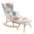 Rocking Chair With Ottoman, Mid Century Fabric Rocker Chair With Wood Legs And Patchwork Linen For Livingroom Bedroom Colorful Textile